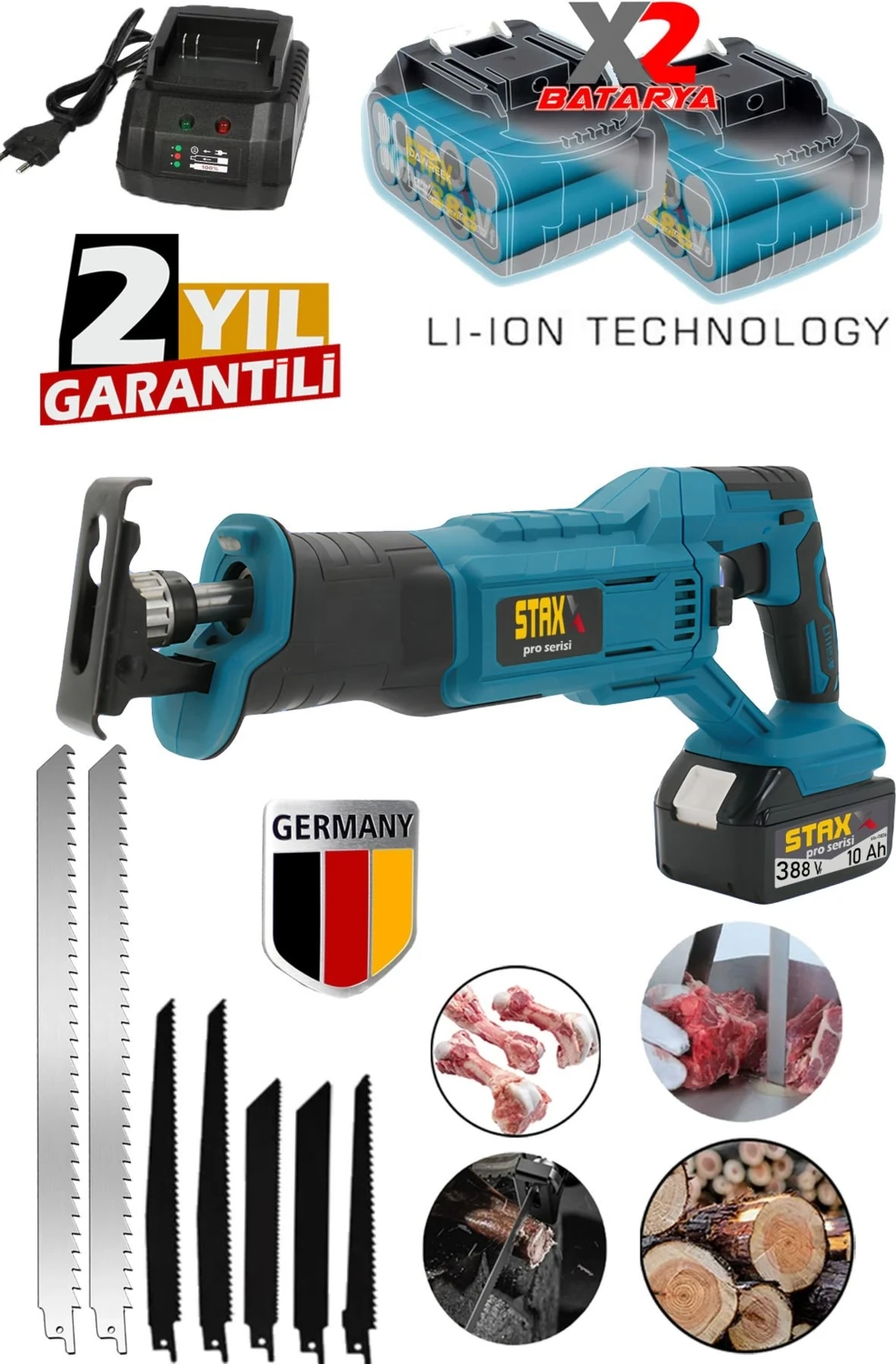 Kömürsüz Motor Yüksek Performans 388VF 10AH Çift Akülü Şarjlı Tilki Kuyruğu Testere Ahşap Metal