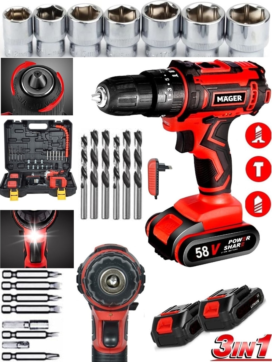 Alman 58 Watt 8 Ah Metal Şanzıman Darbeli Li-Ion Bataryalı Çift Akülü Vidalama Matkap