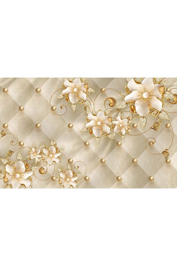 Gold Tonlarında Çiçekler Ve Inciler Duvar Kağıdı