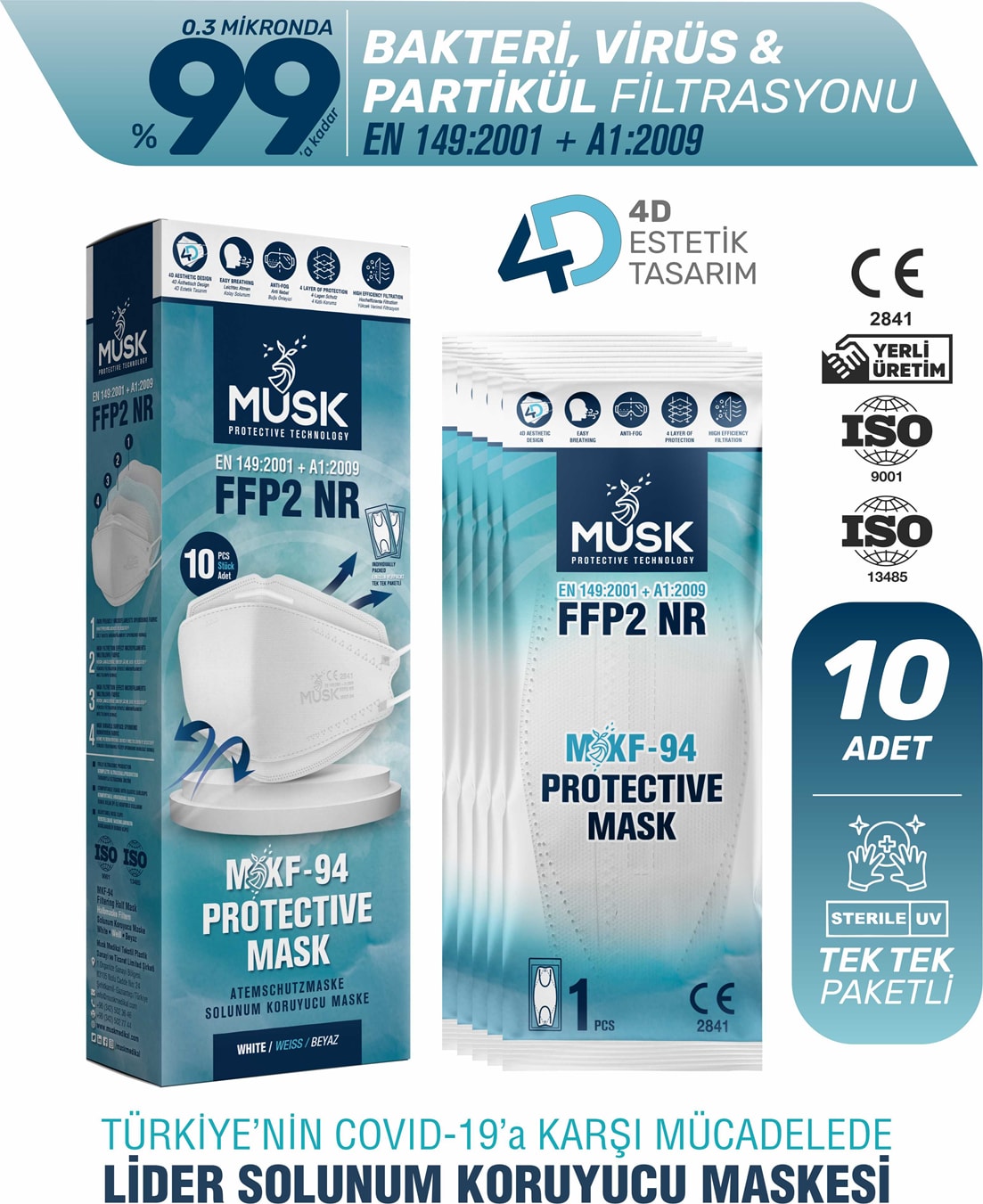 KF94 Kore Tipi Ffp2 Maske Beyaz Renk 10 Adet