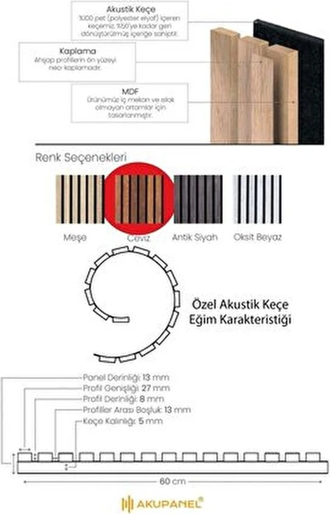 Flex 60X245 cm Ceviz Renk Akustik Ahşap Duvar Paneli