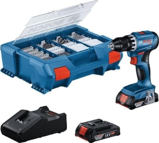 BOSCH Gsb 18V-45 Çift Akülü 2.0 Ah Darbeli Vidalama + 63 Parça Aksesuar Seti