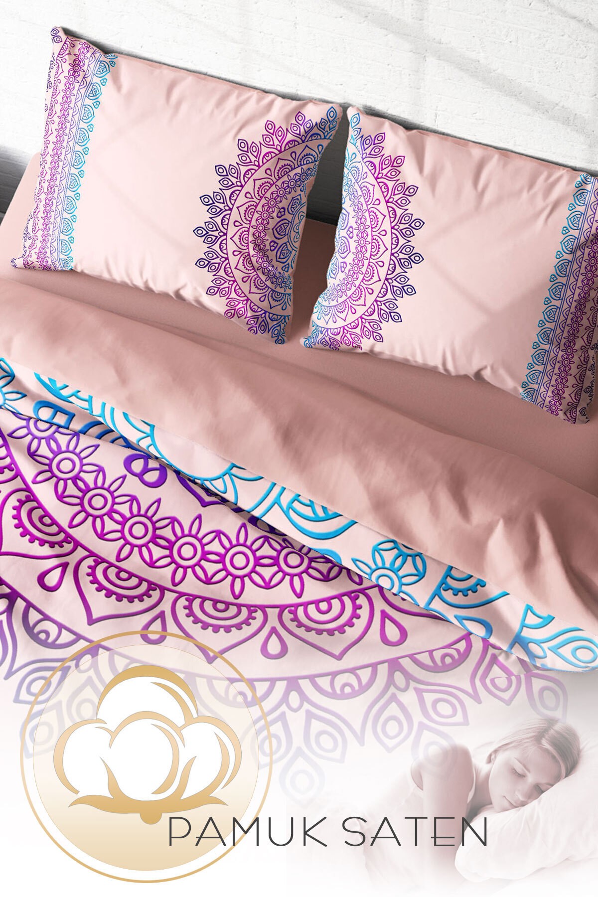 Lastikli Çarşaflı %100 Pamuk Saten Çift Kişilik Nevresim Takımı Soft Mandala