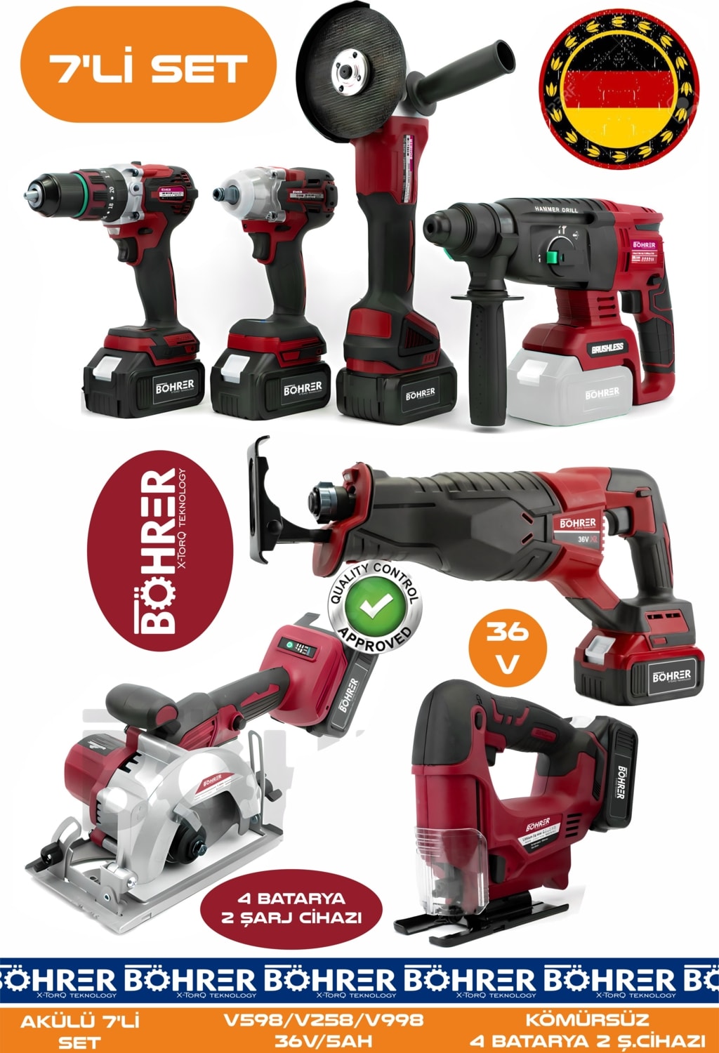 Alman 7 Makine Kombo Set BA01085K 4 Akülü 2 Şarjlı Kömürsüz V598 5AH Profesyonel -Kırmızı Red