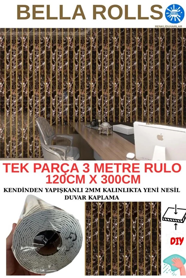 120cmx300cm Tek Parça Yapışkanlı Rulo Gold Çizgili Mermer Desenli Duvar Paneli Kağıdı Beykent QM0134