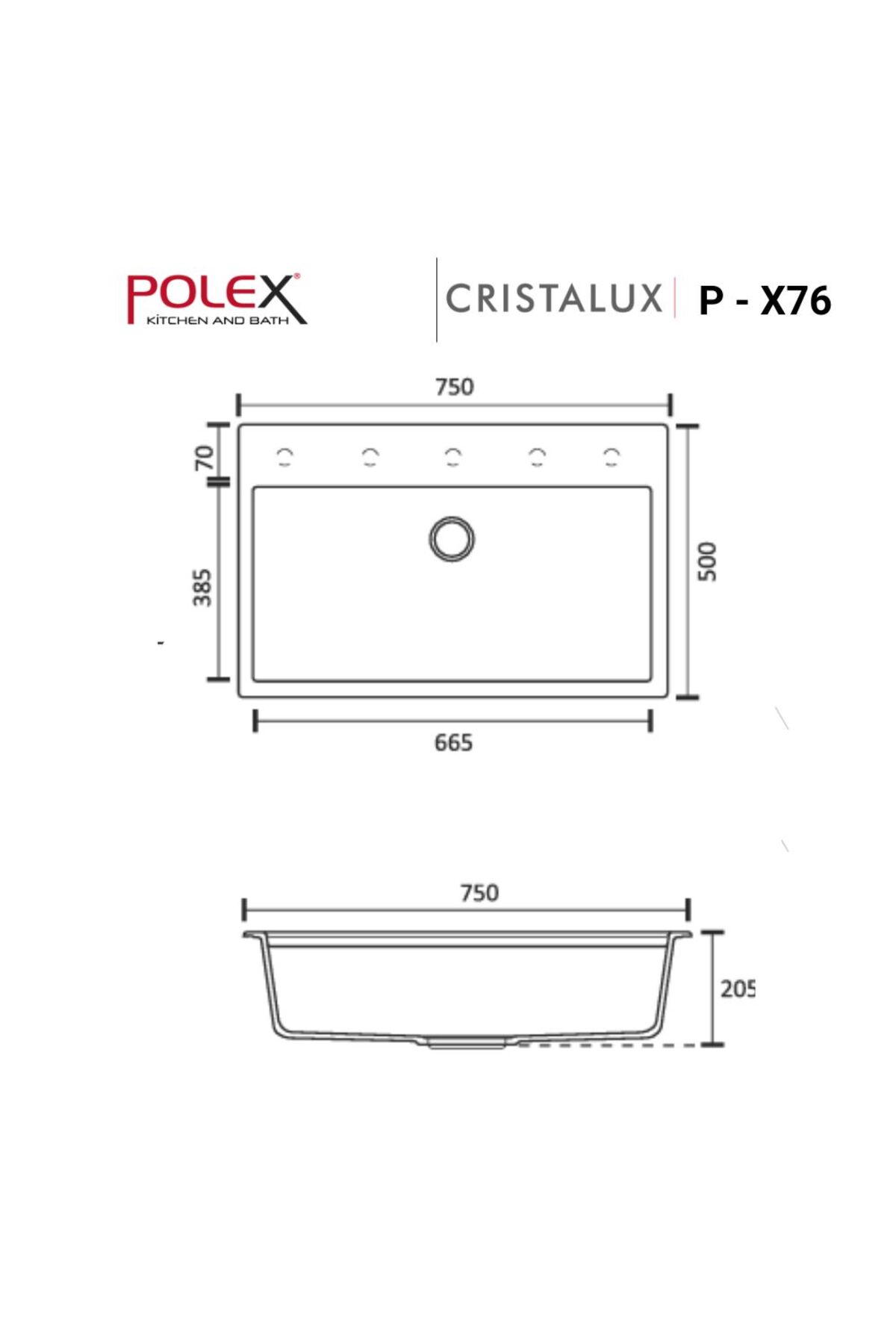 Cristalüx Granit Evye P-x76 Gri Tezgah Altı Ve Tezgah Üstü Mutfak Evyesi 75x50cm