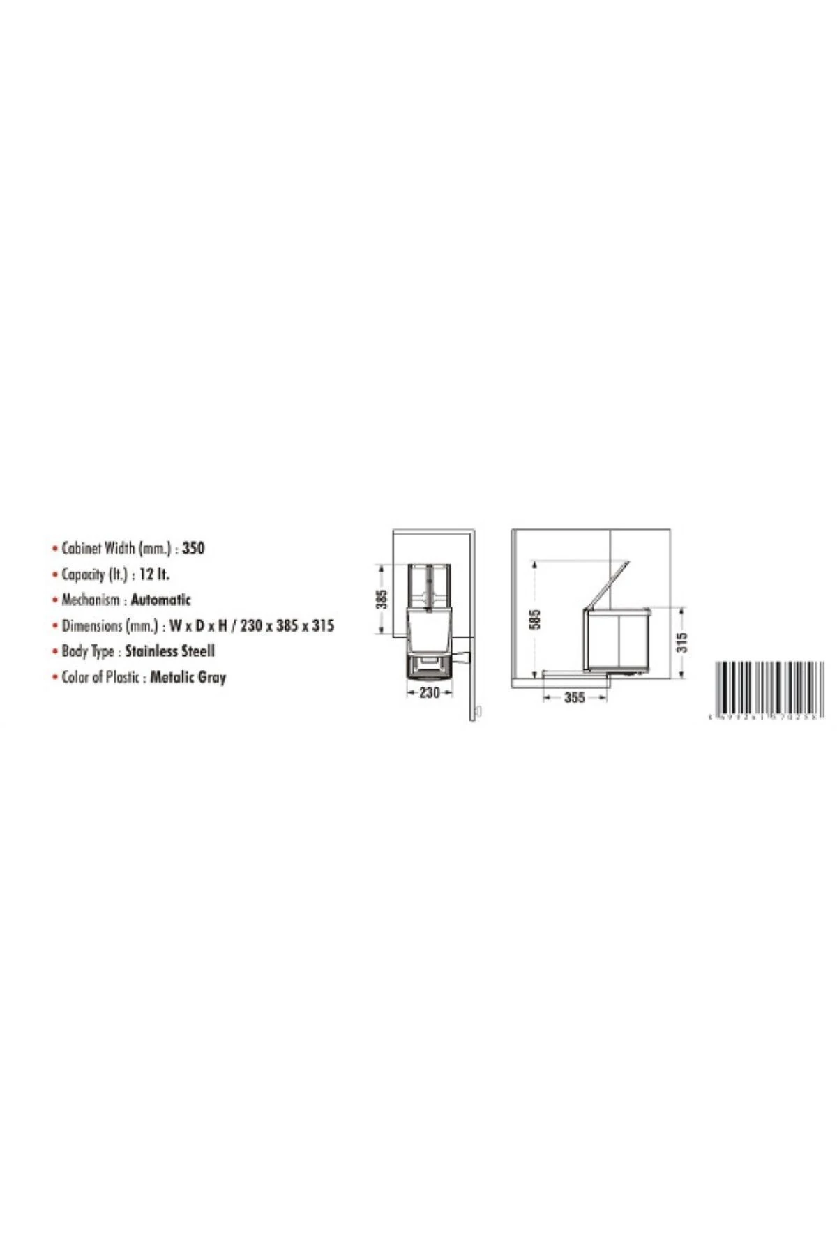 Dolap Içi Raylı Çöp Kovası Paslanmaz Krom 12 Lt