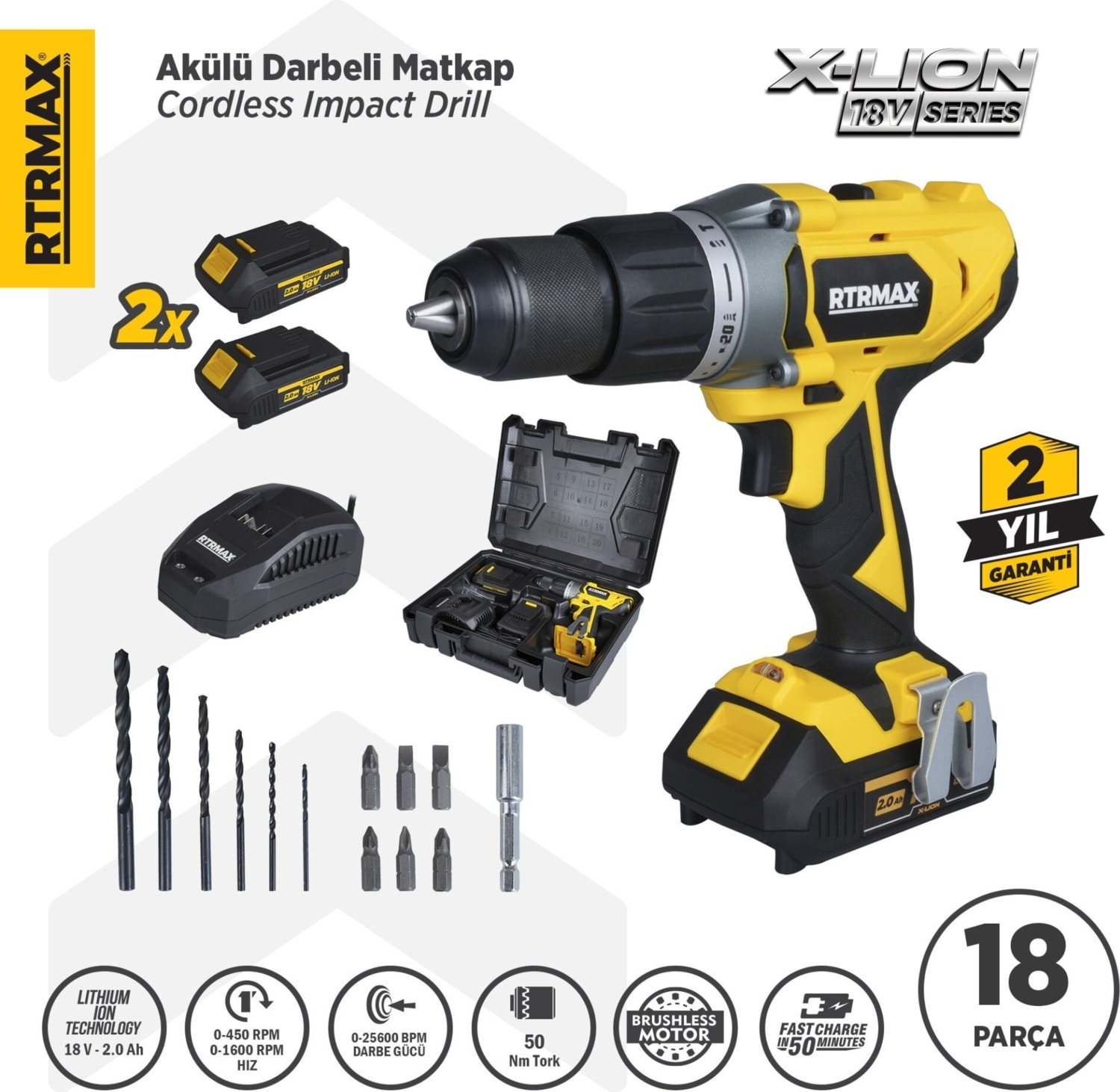 RTX1820 Şarjlı Darbeli Matkap 50 Nm 2x2 Ah Çift Akü X-Lion - Akü Dahil