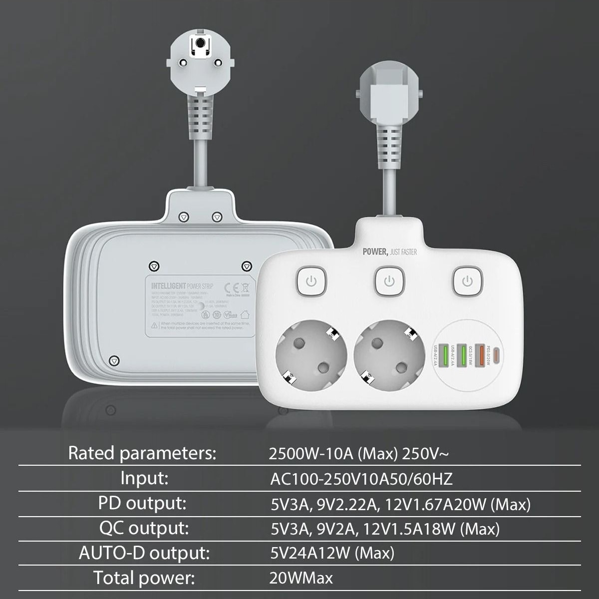 Usb'li 3'lü Priz | 20W Hızlı Şarj | 1,5m Kablolu | 1 Type-C + 3 USB | PD & QC 3.0 Çoklu Priz & Uzatma