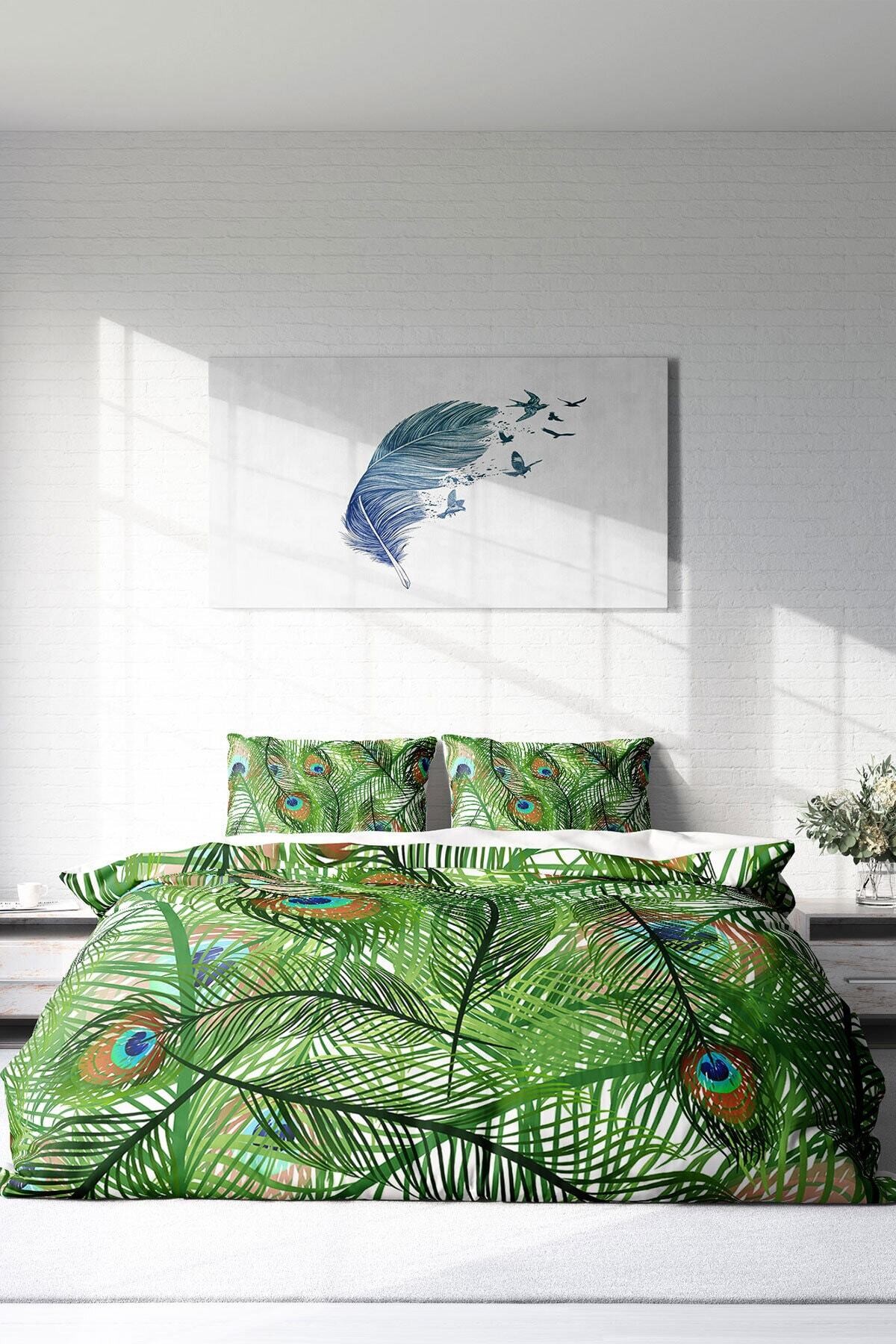 Kıng Sıze Peacock Feathers Naturel Çift Kişilik Nevresim Takımı 220x240cm