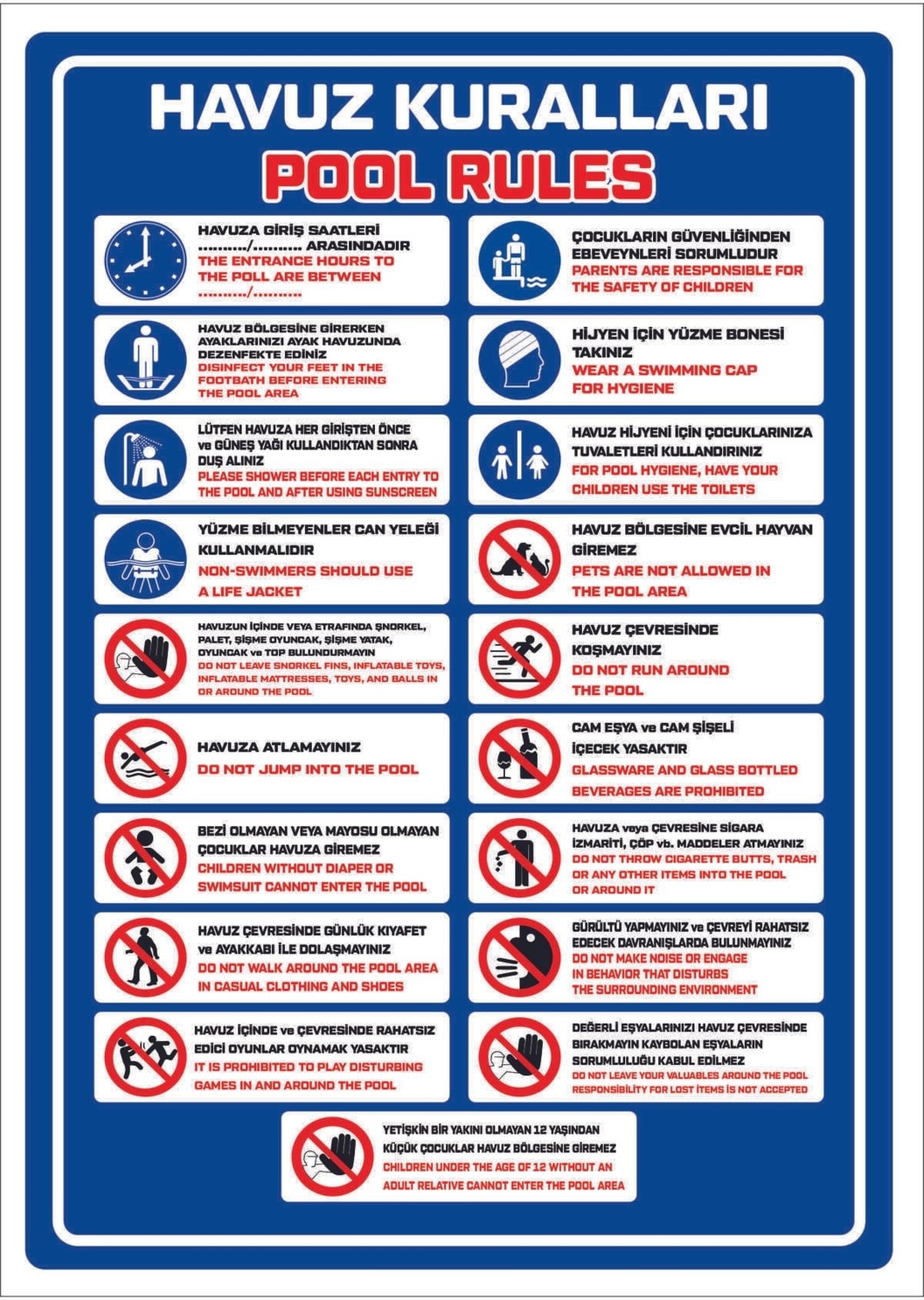 Uyarı Yönlendirme Levhaları " Havuz Kuralları Pool Rules " 60X78 cm 5 mm Dekota Levha