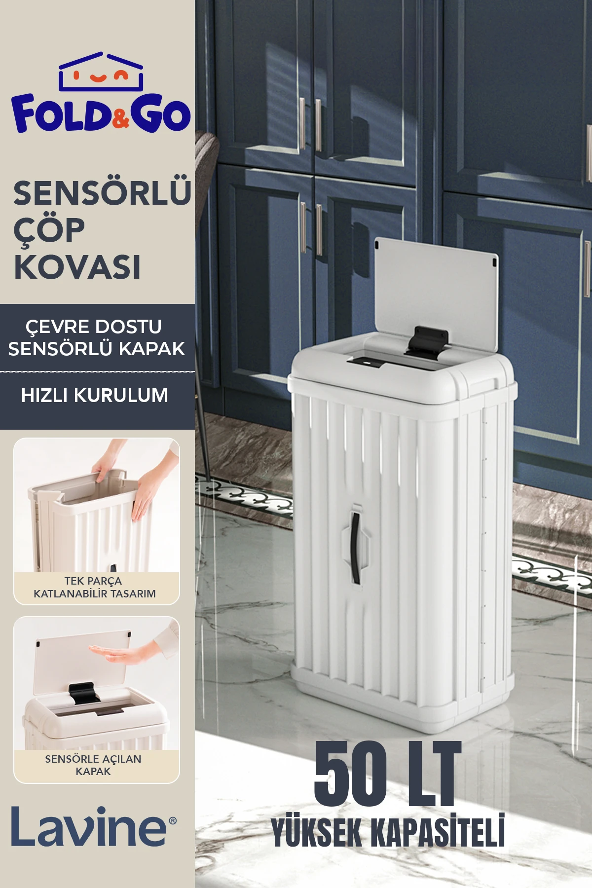 Lavine 50 Lt Sensörlü Çöp Kovası Portatif Katlanabilir Büyük Boy Premium ”beyaz”