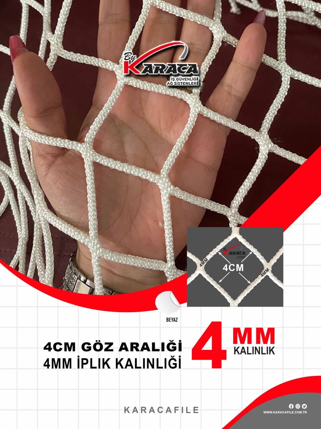Balkon Güvenlik Filesi – 2 M Yükseklik | Metreyle Kesim | 4 mm Ip, 4x4 cm Göz Aralığı + Montaj Aparatları (Beyaz)