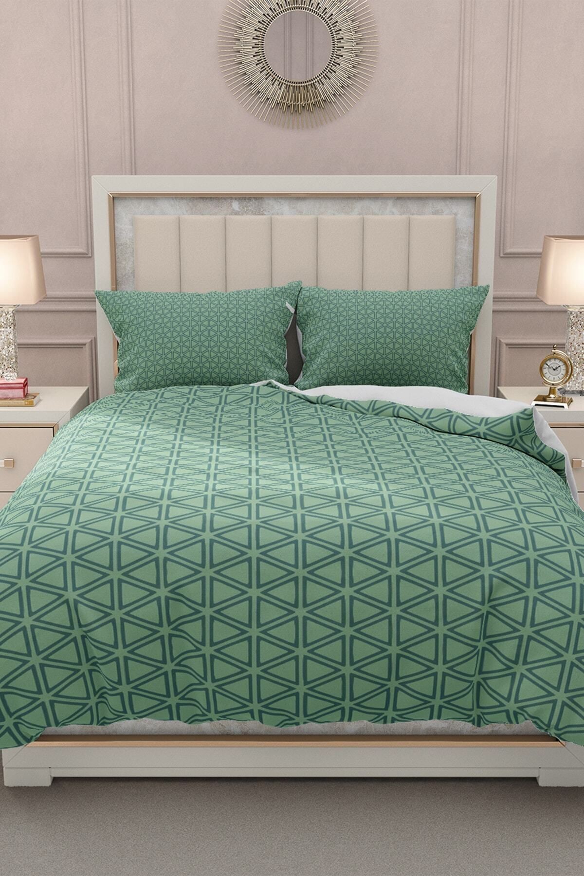 Lastikli Çarşaflı %100 Pamuk Saten Çift Kişilik Nevresim Takımı Green Pattern