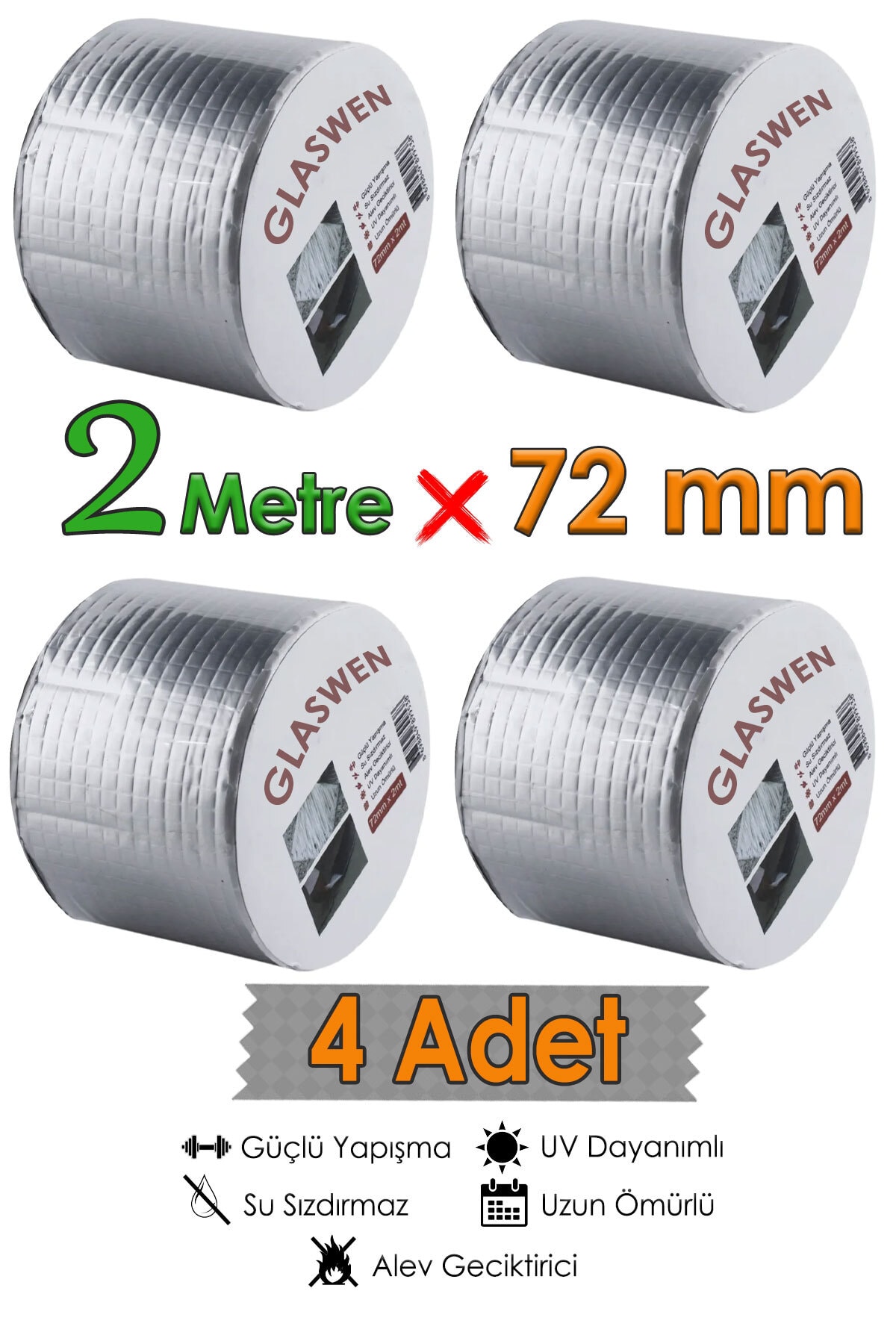 4 Adet Çatı İzolasyon Bandı 72 mm X 2 MT Su Sızdırmazlık Geçirmez Yalıtım Çamur Boru Sakız Tamir Ban