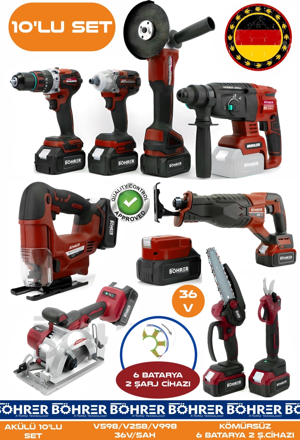 Alman 10 Makine Kombo Set BA01082K 6 Akülü 2 Şarjlı Kömürsüz V598 5AH Profesyonel -Kırmızı Red