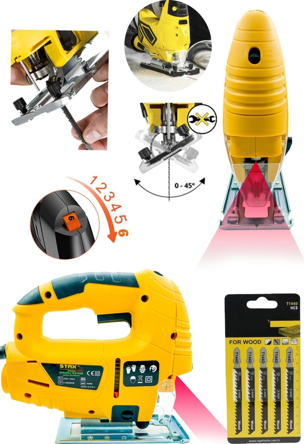 Bakır Sargılı 900W 6 Kademe Devir ve Pandül Ayarlı Ahşap Metal Kesme Lazerli Dekupaj Testere ve 5 Uç