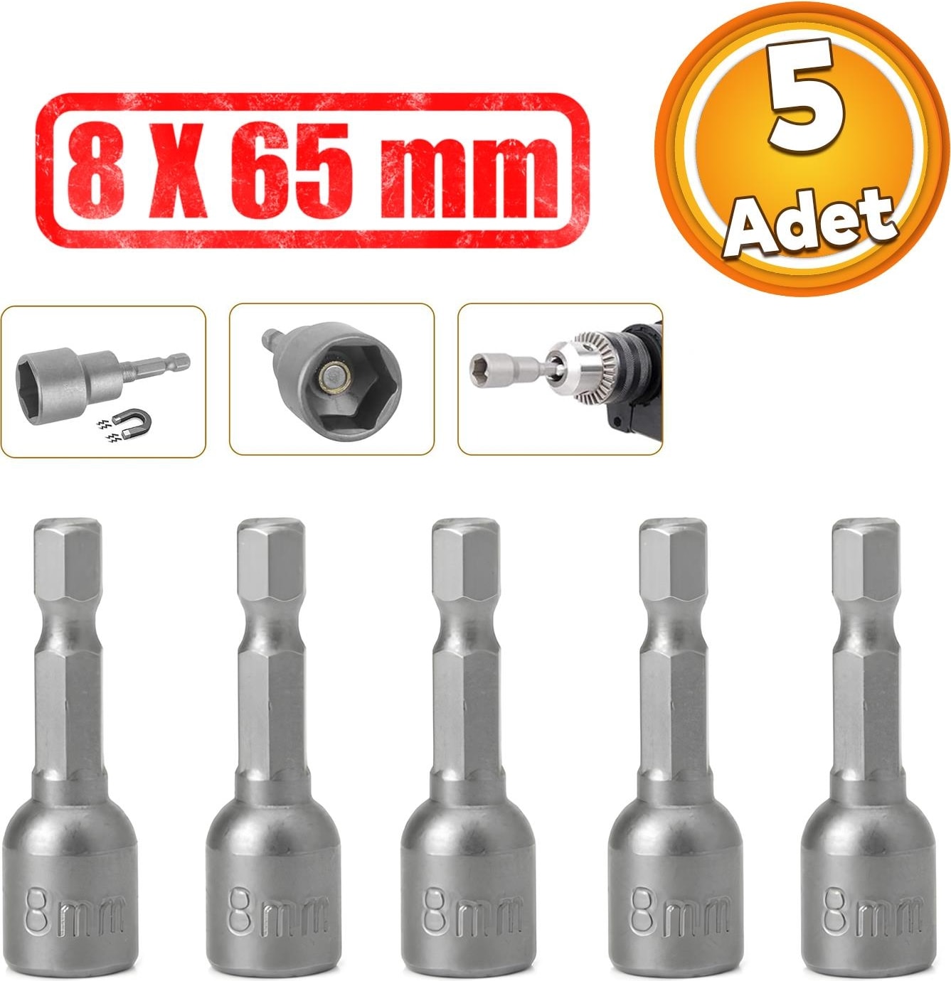 Manyetik Somun Civata Sıkma Adaptörü Çap 8 mm M8 Trapez Çatı Vidası Sıkma 8X65 mm Mıknatıslı 5 Adet