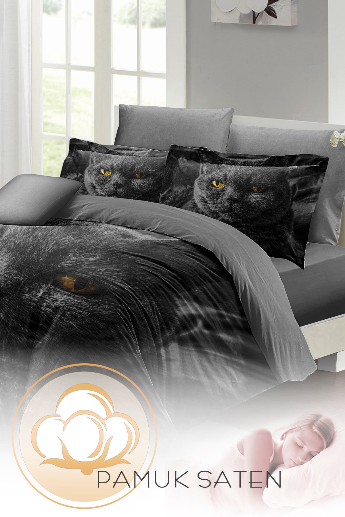 Kıng Sıze Serious Cat Naturel Çift Kişilik Nevresim Takımı 220x240cm