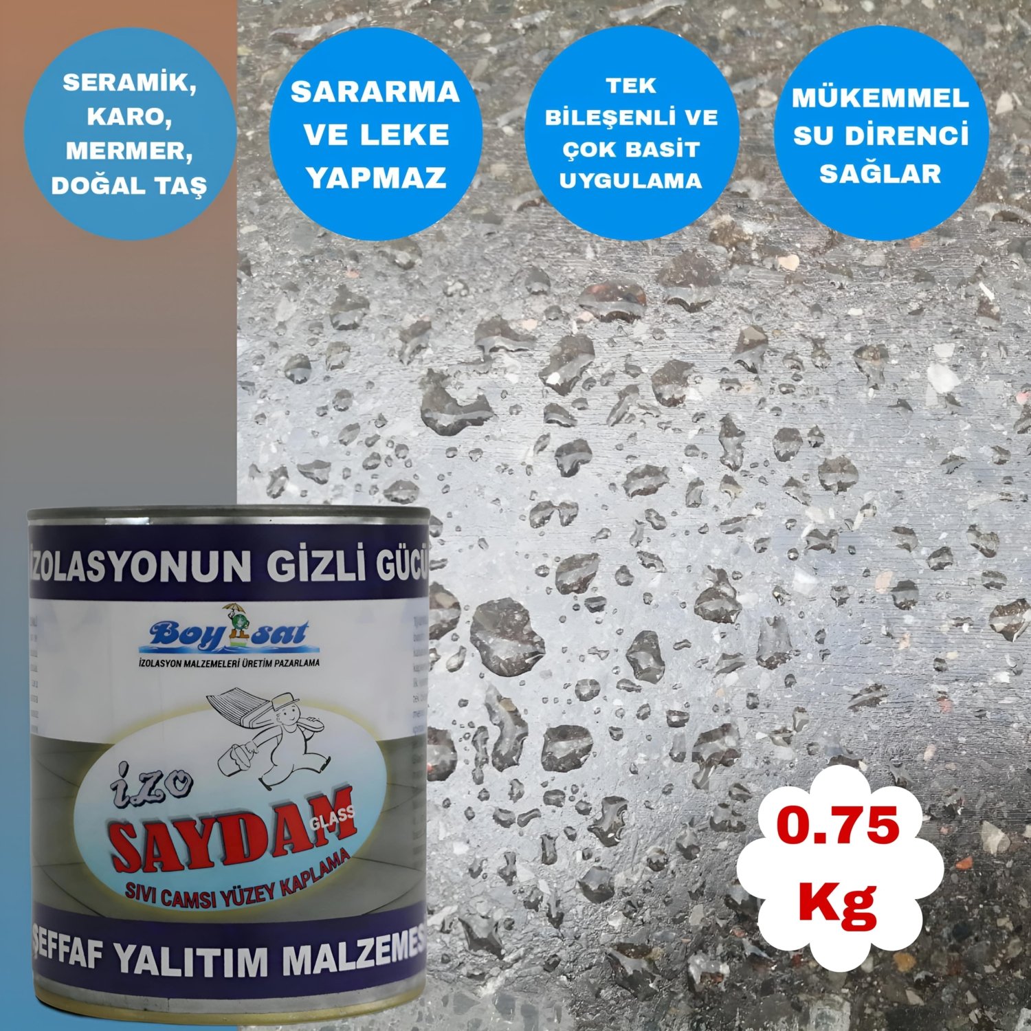Izo Saydam Glass Seramik Karo Mermer Şeffaf Sıvı Cam Izolasyon Kaplaması 0.75 kg