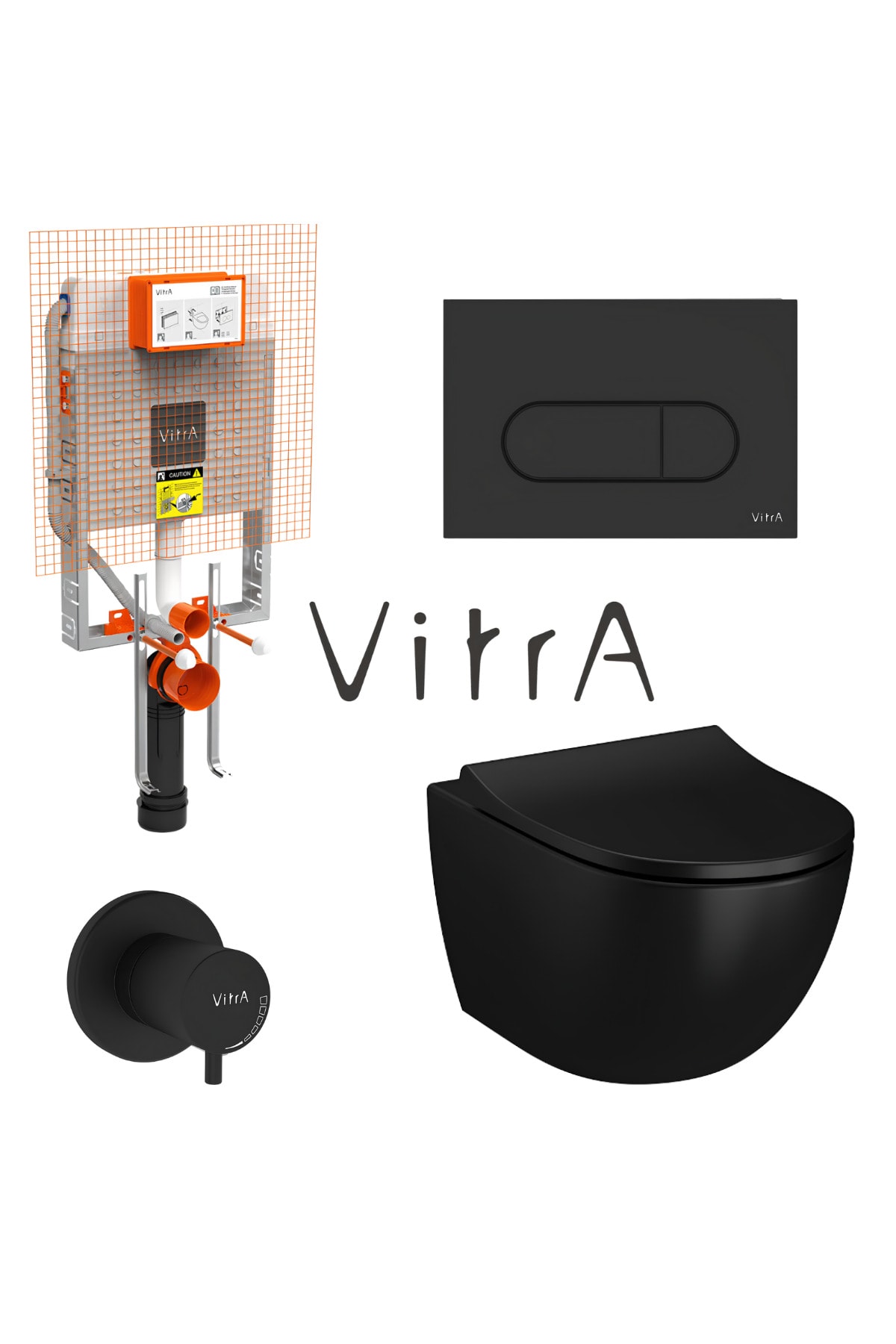 S60 Mat Siyah Smoot Flush Asma Klozet, Vitra Mat Siyah Gömme Rezervuar Set 768-1851