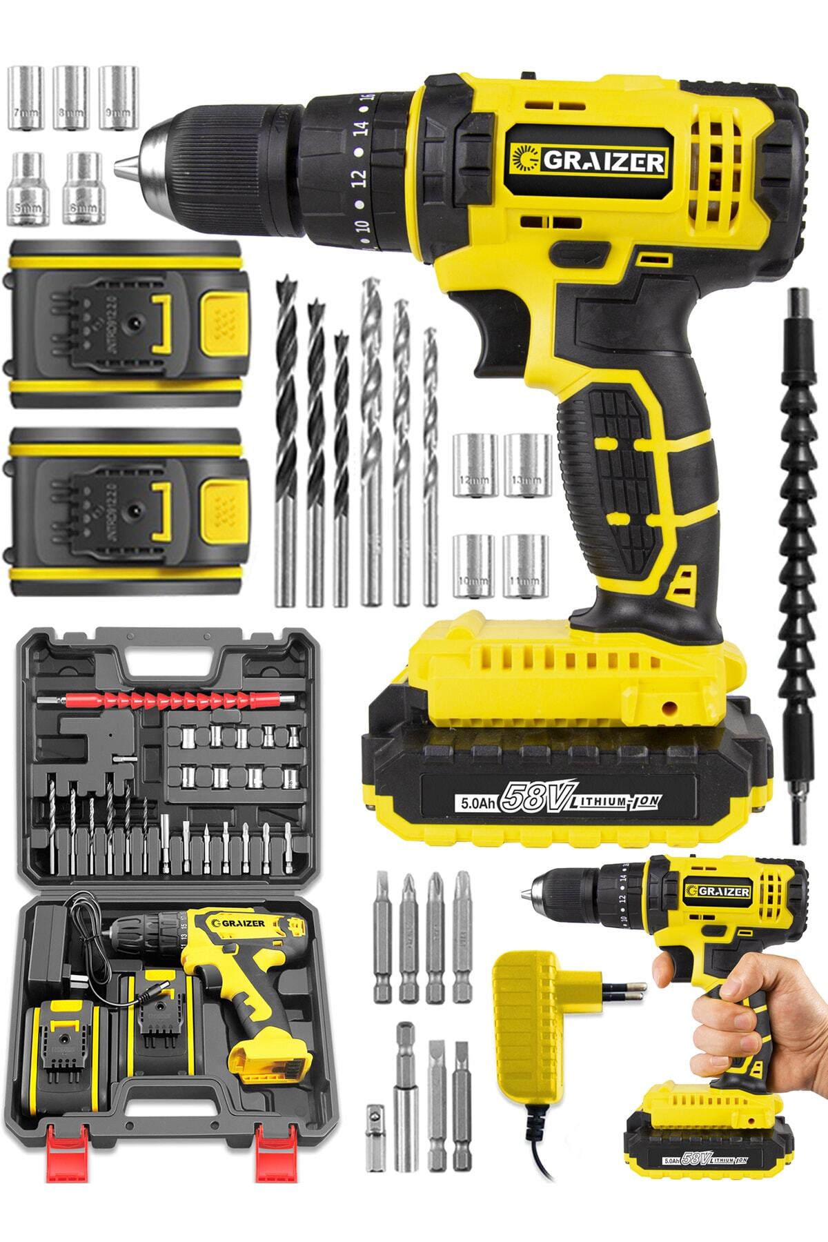 Alman G-r-z 58 V 5 Ah Darbeli Bakır Sargili Çelik Şanzuman Şarjlı Çift Akülü Vidalama Matkap