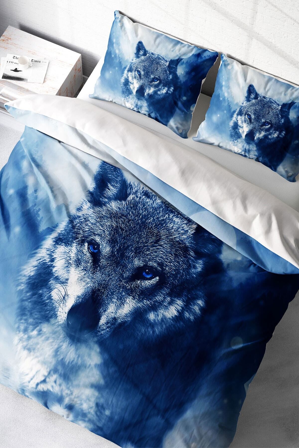 Kıng Sıze Lonely Wolf Naturel Çift Kişilik Nevresim Takımı 220x240cm