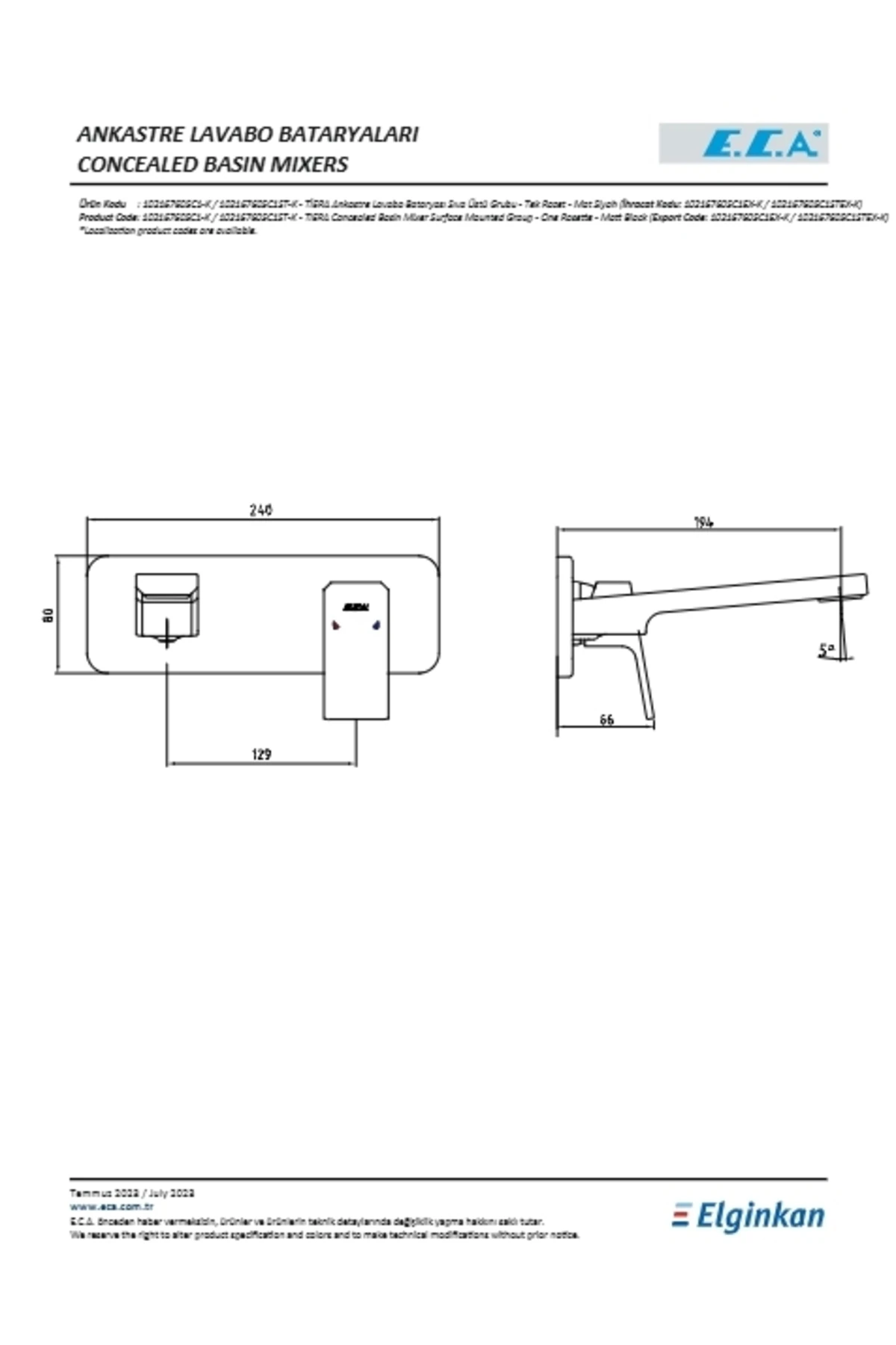 Tiera Ankastre Lavabo Bataryası Sıva Üstü Tek Rozet Mat Siyah