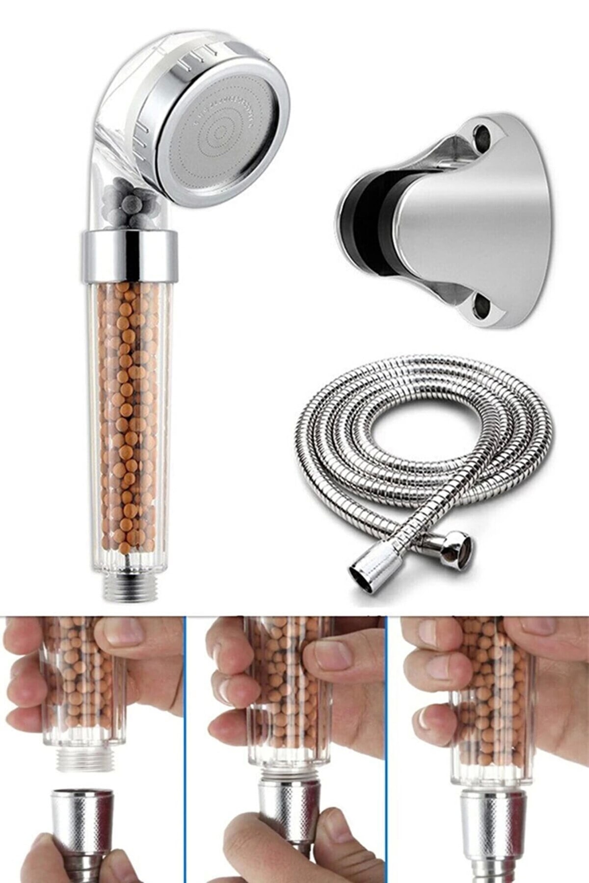 Yeni Filtreli Kireç Önleyici Boncuklu U Mafsal Hortum Duş Set