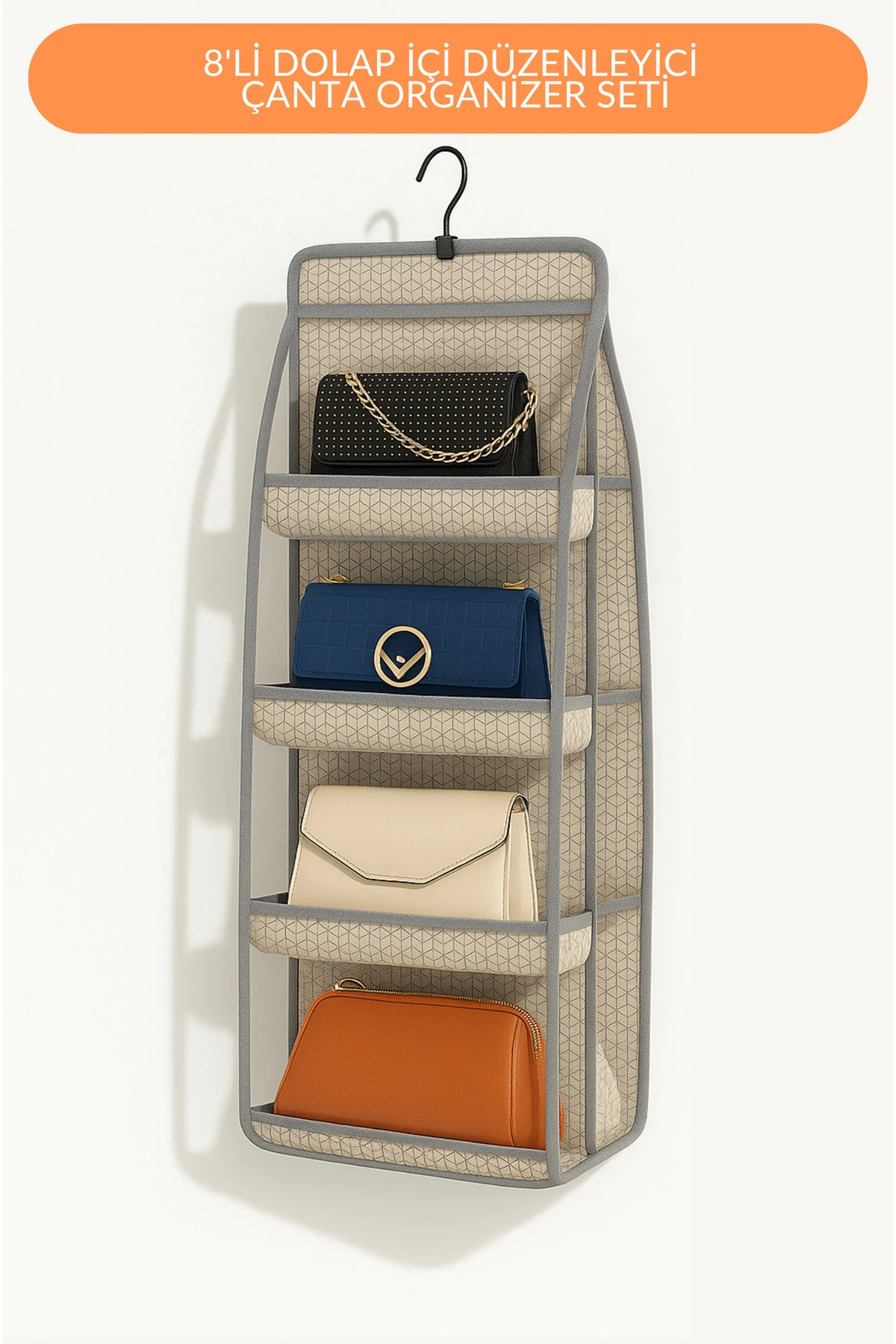 8 Cepli Dolap İçi Düzenleyici Askılı Çanta Saklama Organizeri Bej