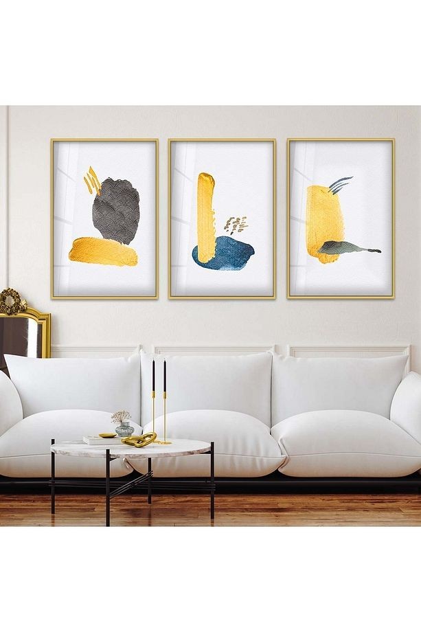Gold Metal Çerçeveli Soyut Desen Şekiller Üçlü Kırılmaz Cam Tablo Seti