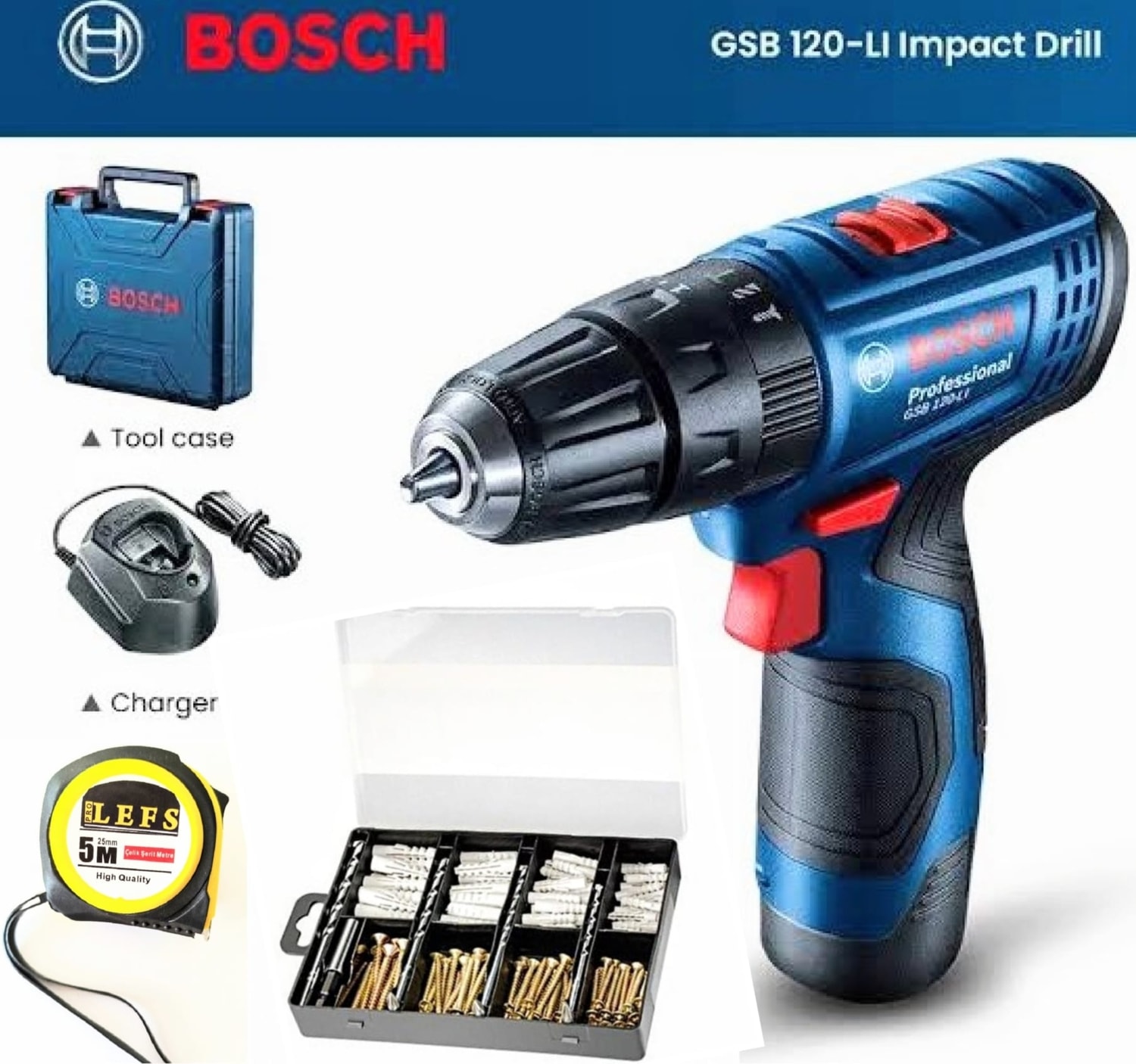 BOSCH Gsb 120 Li Darbeli Şarjlı Matkap Vidalama (Tek Akü) ,bosch 173 Parça Vidalama ve Sabitleme Seti ve Metre
