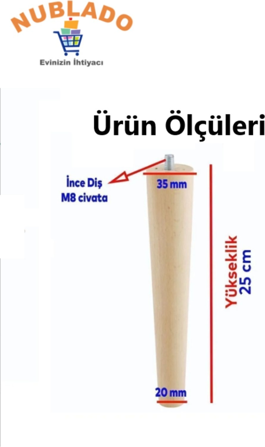Ahşap (25 Cm) Sehpa Puf Tabure Tv Ünitesi Ayağı Ayakları M8 Civatalı Bağlantı Aparatlı 4'lü Set