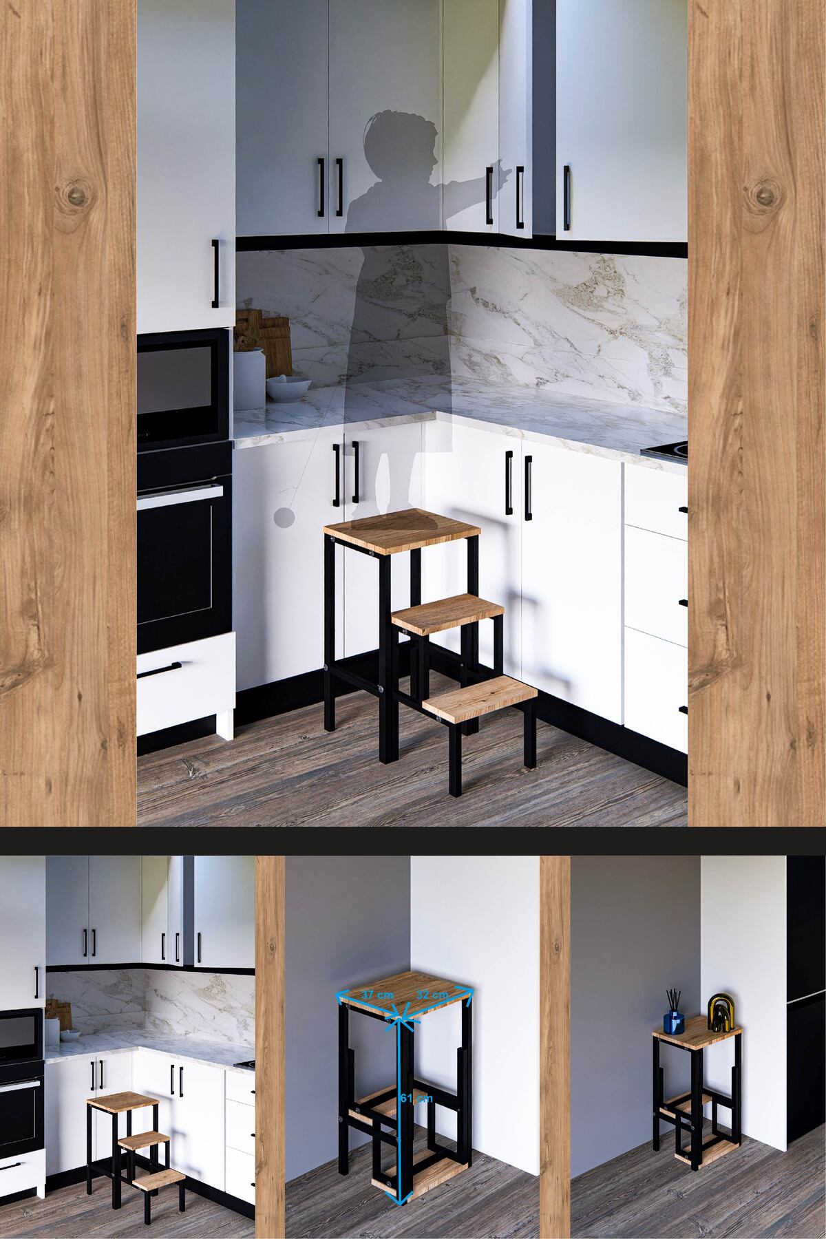 PRATA Katlanabillir Metal Ahşap Basamaklı Tabure Merdiven Sehpa Çiçeklik Çok Amaçlı Tabure