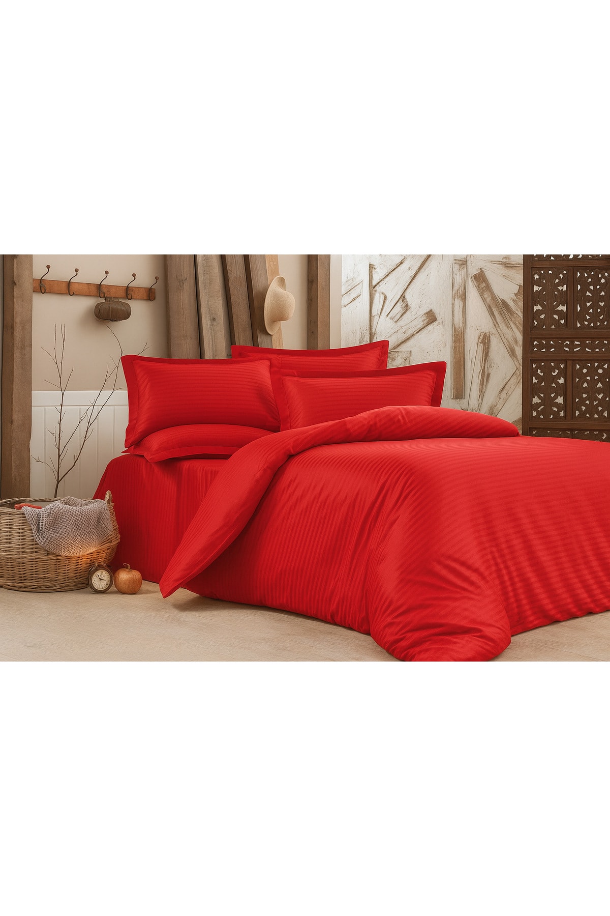%100 Pamuk Saten Nevresim Takımı 260x240 cm - Çizgili Ultra Battal Boy