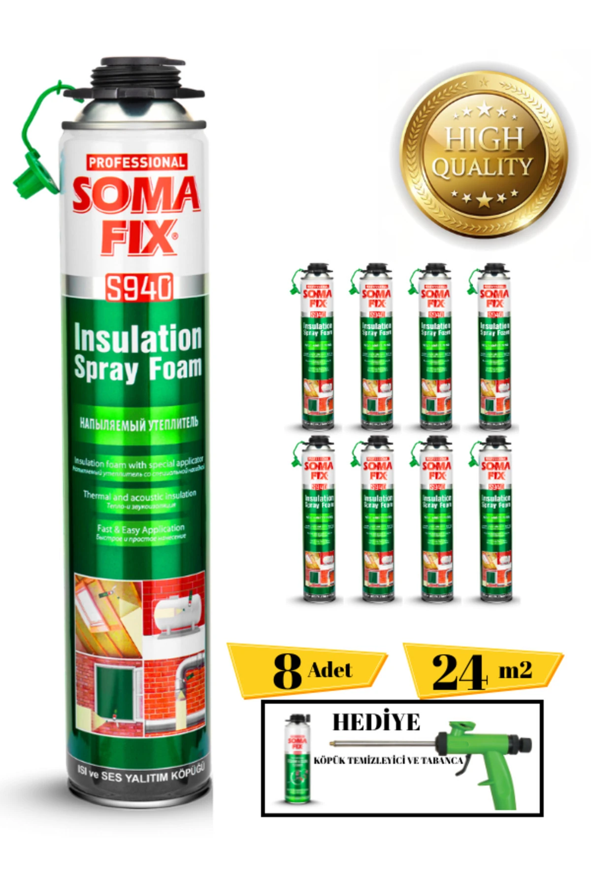 Poliüretan Termal Isı Ve Ses Yalıtım Sprey Köpük (8 ADET) Tabanca Ve Temizleyici Hediyeli