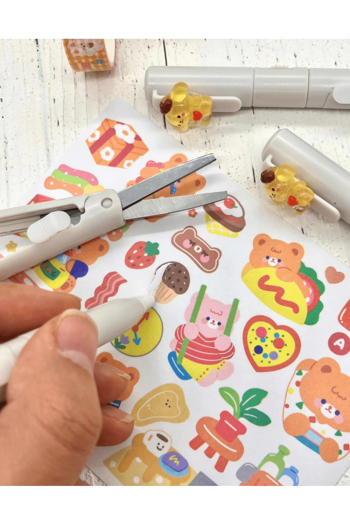 Sanrio Purin Karakterli Gri Kalem Görünümlü Çift Uç Tasarım Makas Ve Maket Bıçağı/Falçata