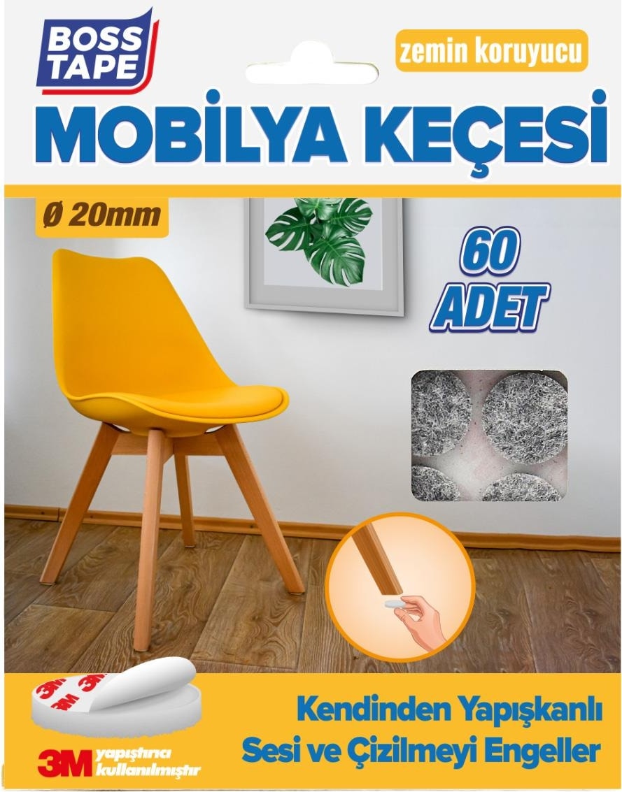 3M Yapışkanlı 60 Adet 20MM Gri Mobilya Sandalye Masa Ayağı Keçesi