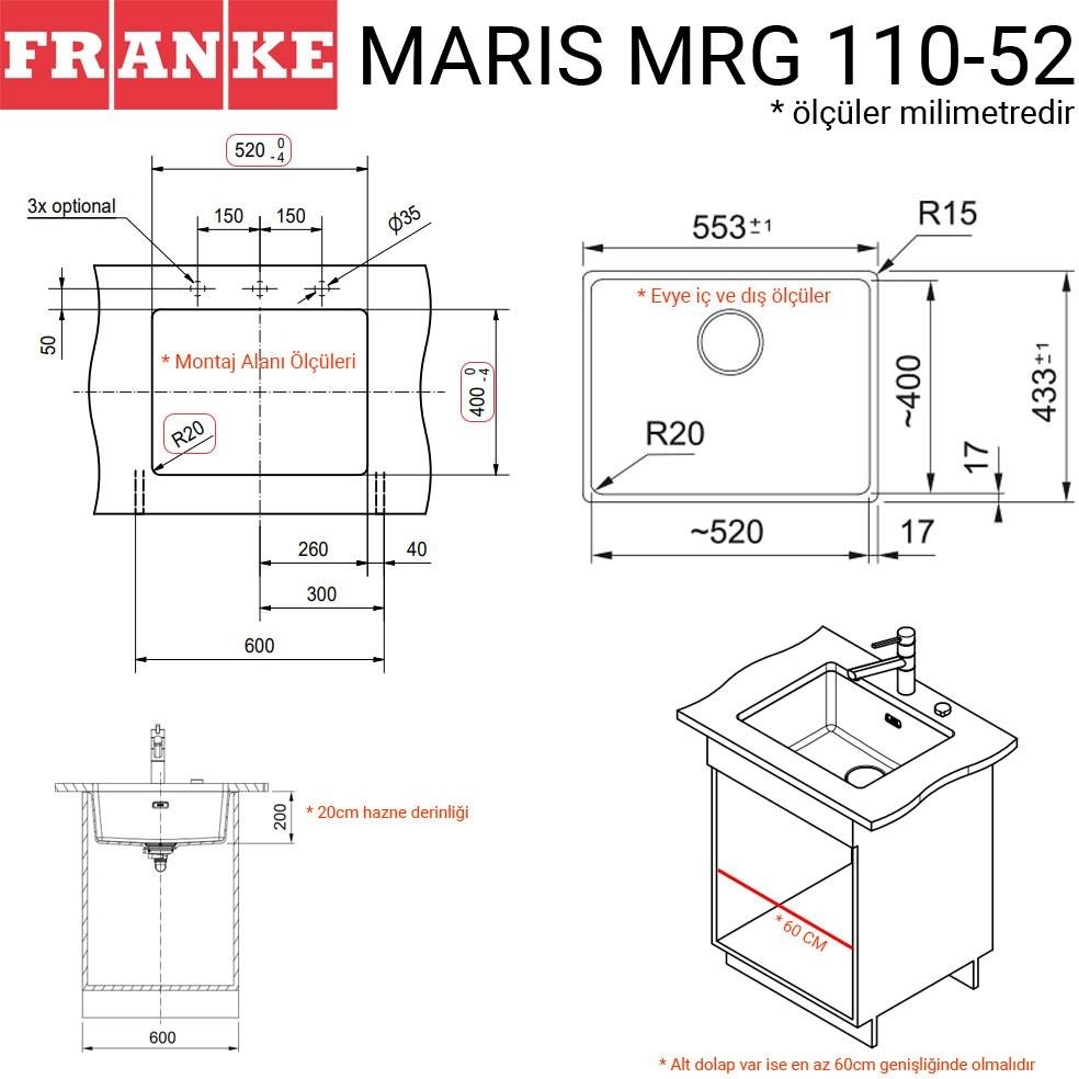 Mrg 110-52 Granit Evye, Nero, Tezgahaltı, Tek Hazne, 52X40 cm