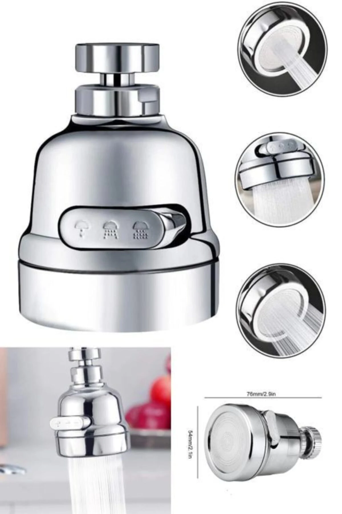 % 75 Su Tasarruflu 3 Fonksiyonlu Krom Musluk Başlığı Mutfak Ve Lavaboya Uyumlu 360 Derece Döner