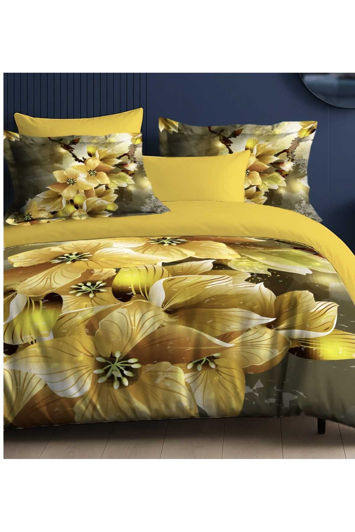 Nevresim Takımı %100 Doğal Pamuk Çift Kişilik 3d Digital Yellow Flowers