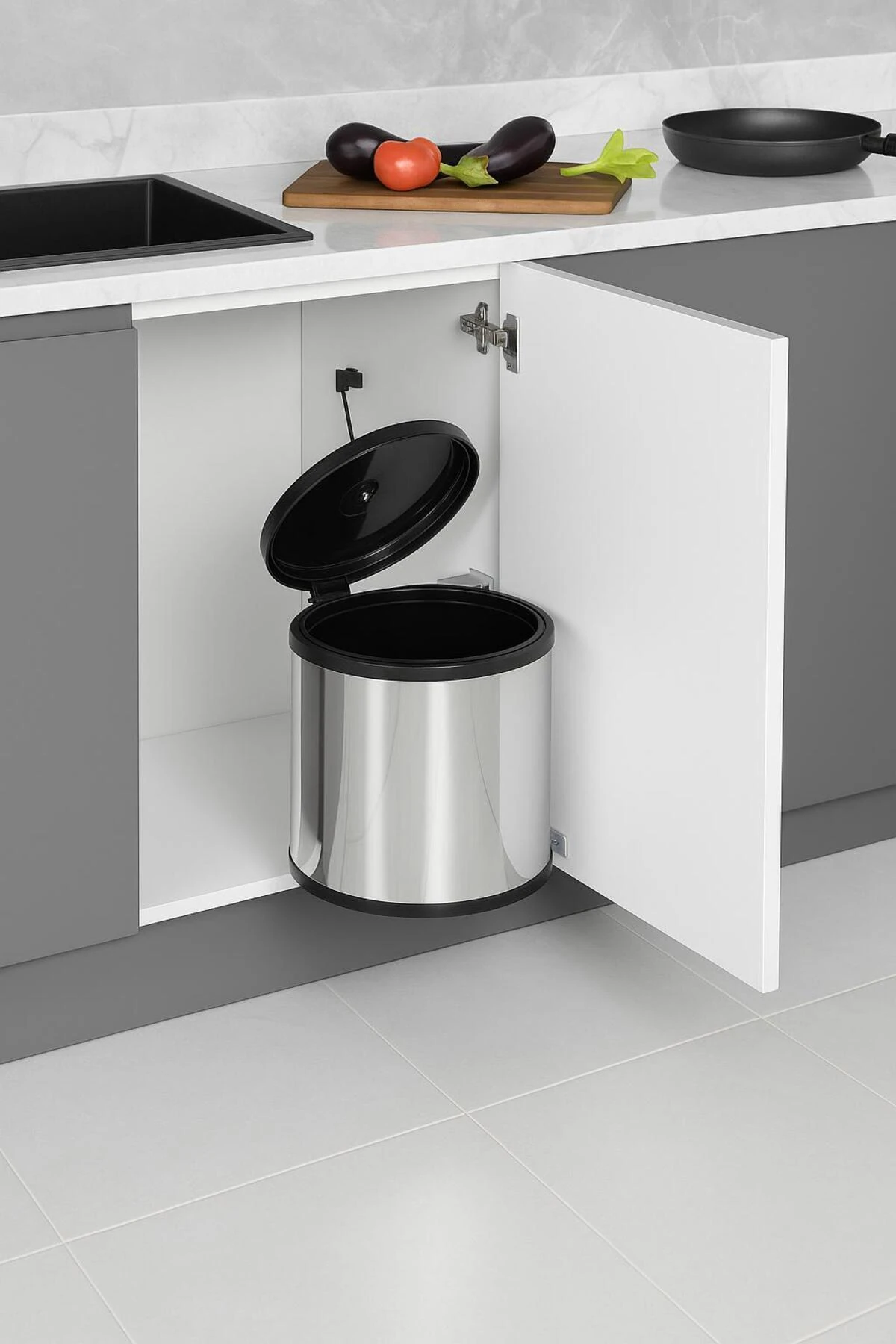 Kapağa Monte Dolap Içi Çöp Kovası Paslanmaz Çelik Mutfak Tezgah Altı Otomatik Kapak 30x 30