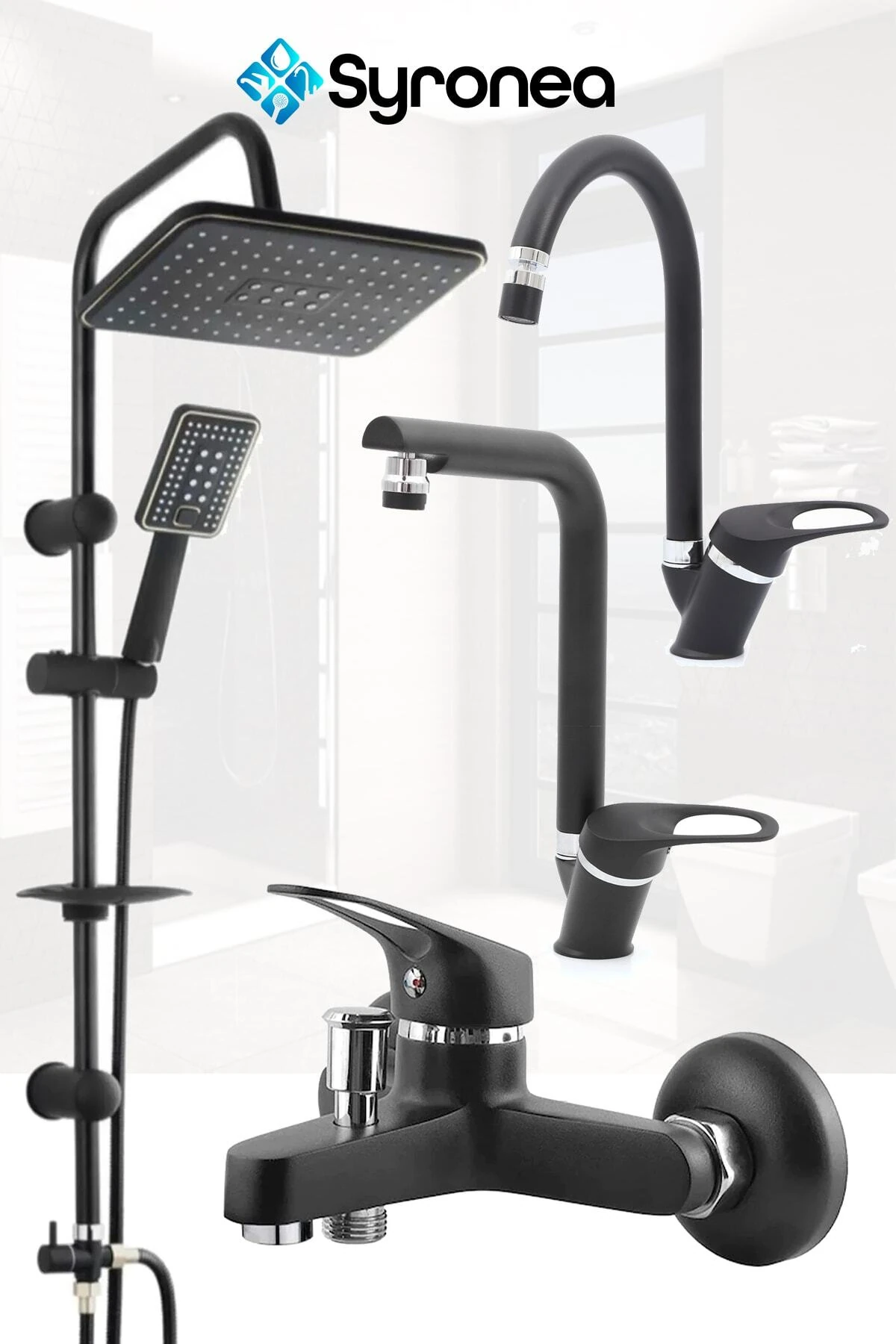 Robot Siyah Tepe Yağmurlama Duş Seti Mutfak Banyo Lavabo Batarya Musluk Set