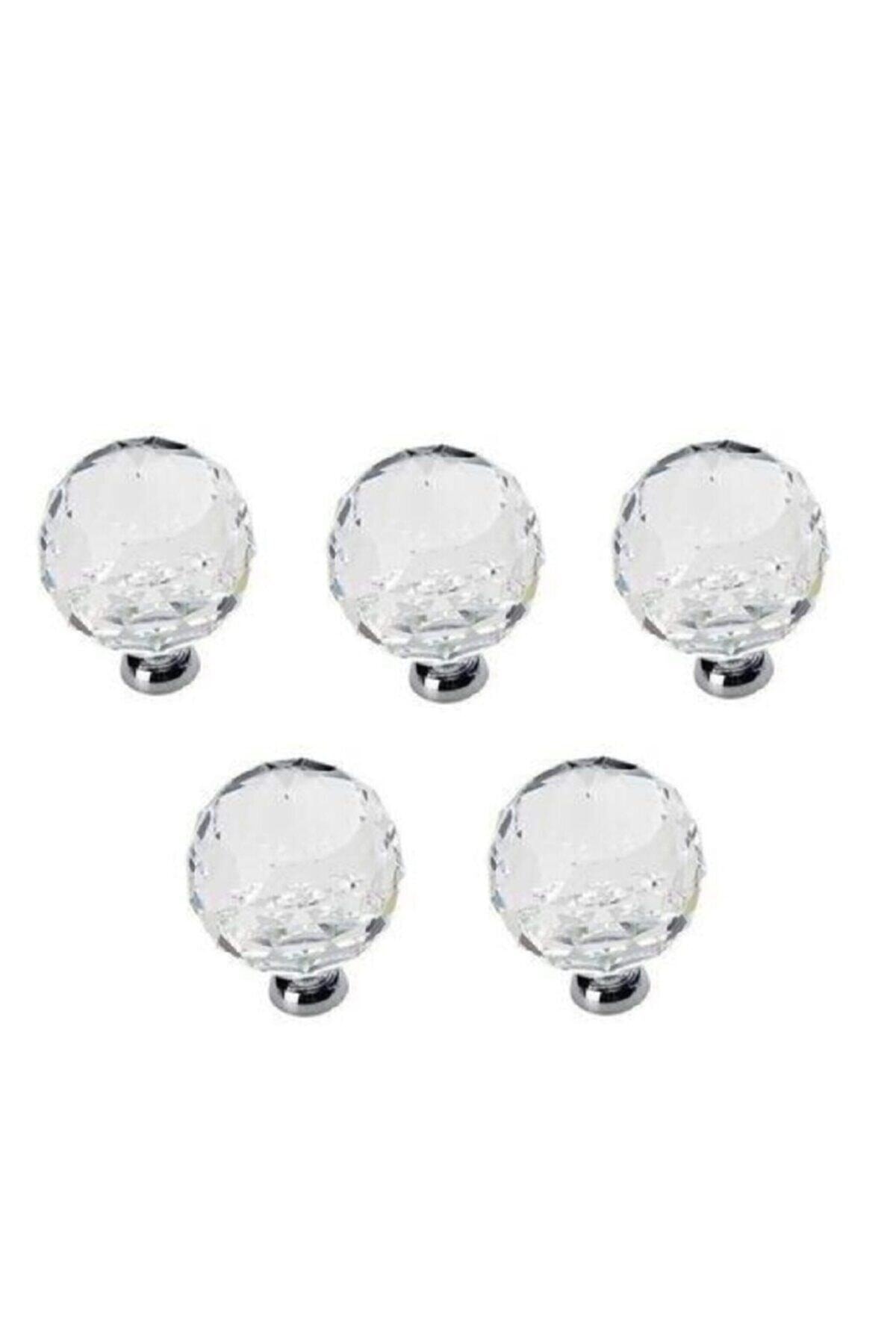 OZKUVVET 5 Adet Kristal Düğme 30 Mm Krom- Şeffaf Kristal Kulp