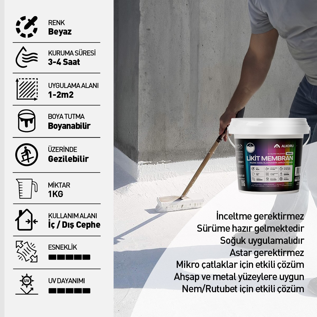 1 kg Beyaz Likit Membran Renkli Reçine Esaslı Sıvı Su Yalıtım Malzemesi