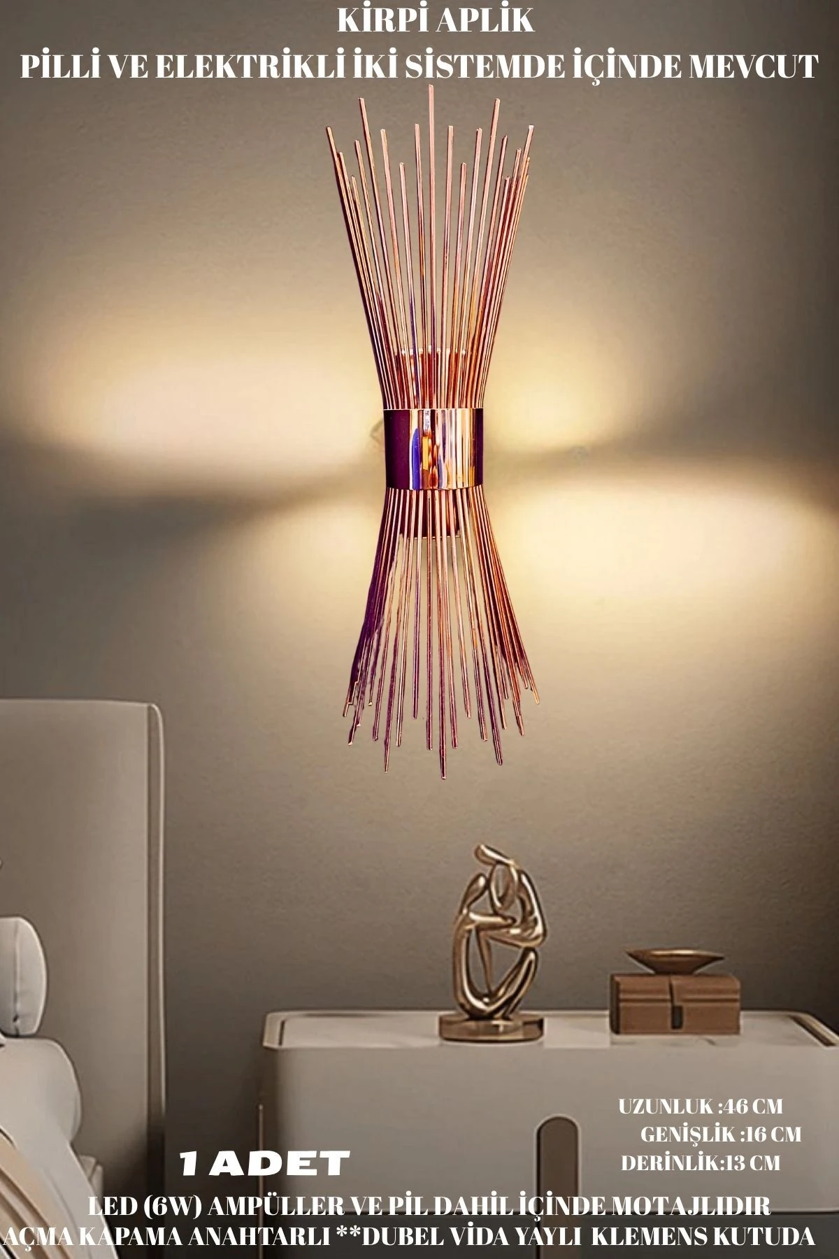 Kirpi Rose, Pilli Aplik, Anahtarlı, Pilli Elektrikli 1 Adet Ledli Duvar Aplik, Gece Lambası