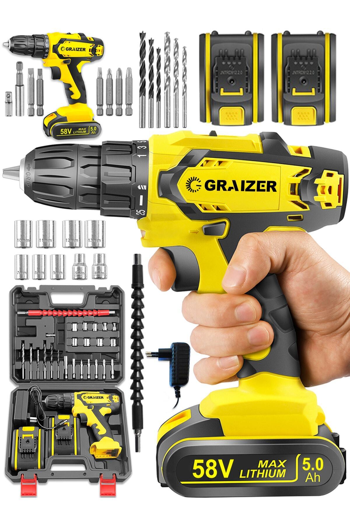 58 V 5 Ah Darbeli Metal Dişli Şanzuman Çift Akülü Şarjlı Vidalama Matkap 24 Parça Set