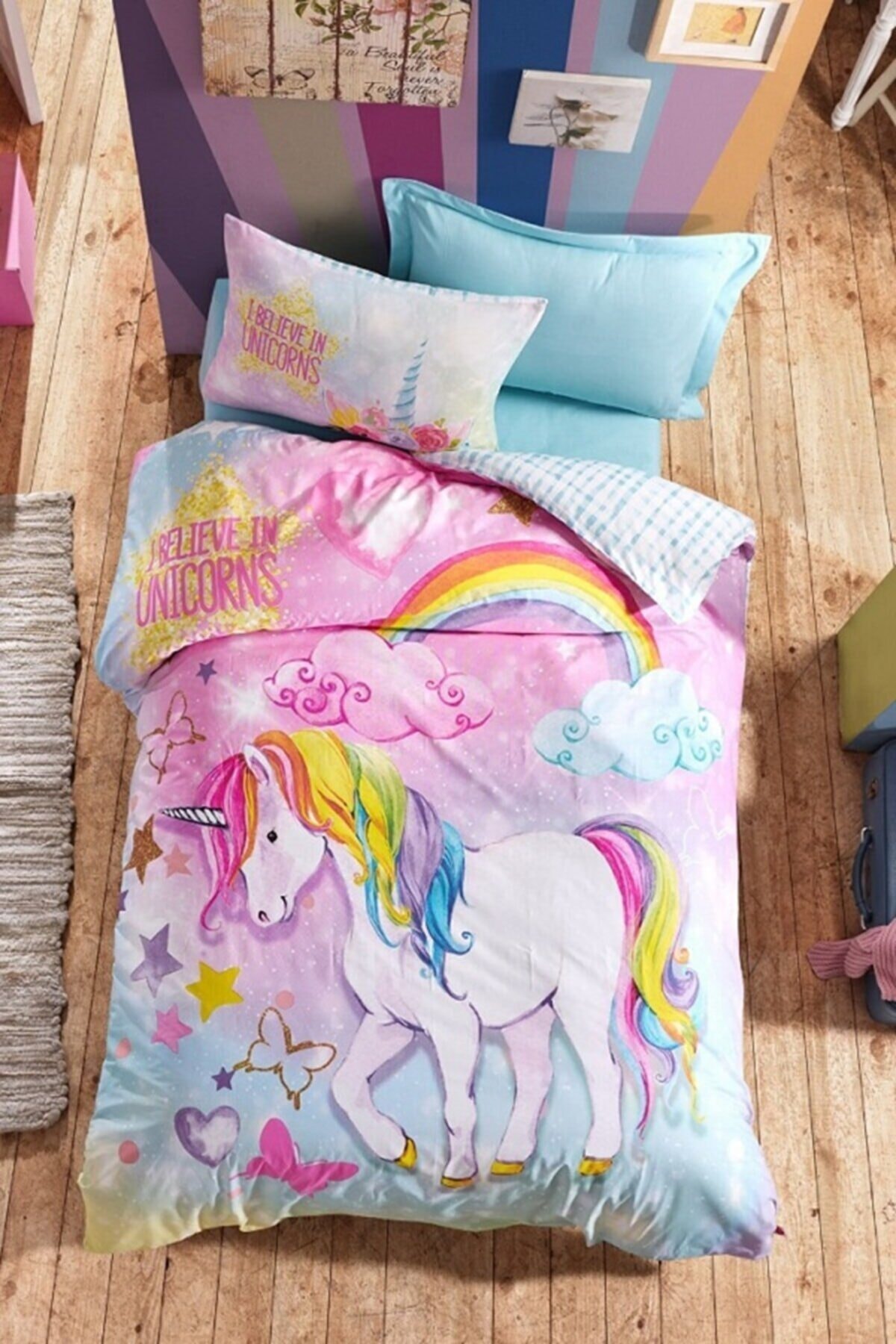 Unicorn Tek Kişilik (çarşafı Lastkli) Nevresim Takımı Dream Mint %100 Pamuk