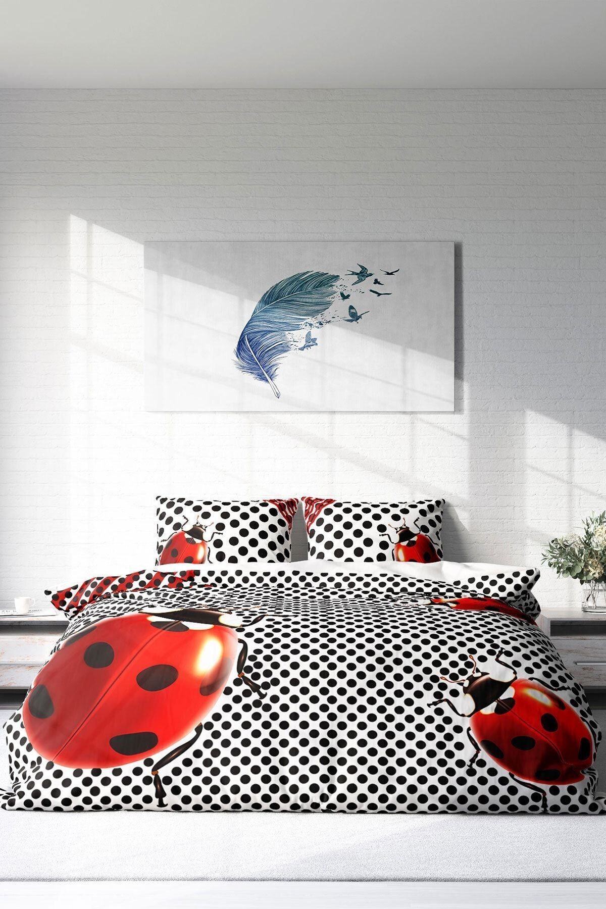 Nevresim Takımı %100 Doğal Pamuk Çift Kişilik 3d Digital Ladybug Naturel