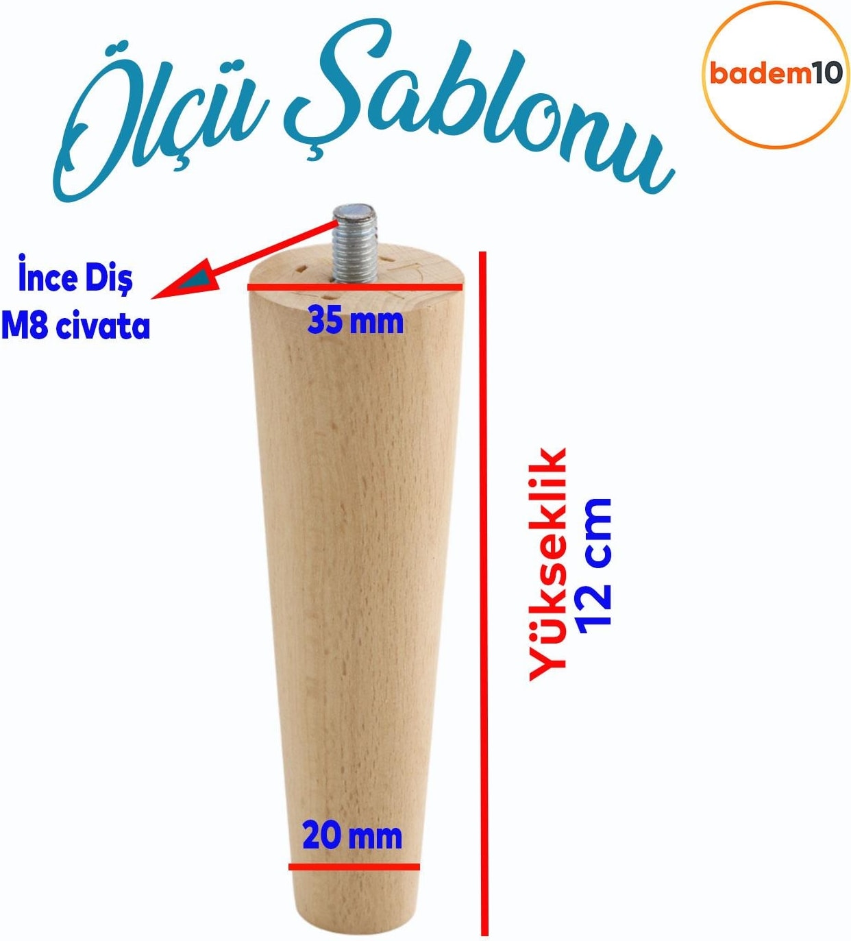 Ahşap Mobilya Koltuk Kanepe Ayağı 12 cm M8 Civatalı Bağlantı Aparatlı 4'lü Set